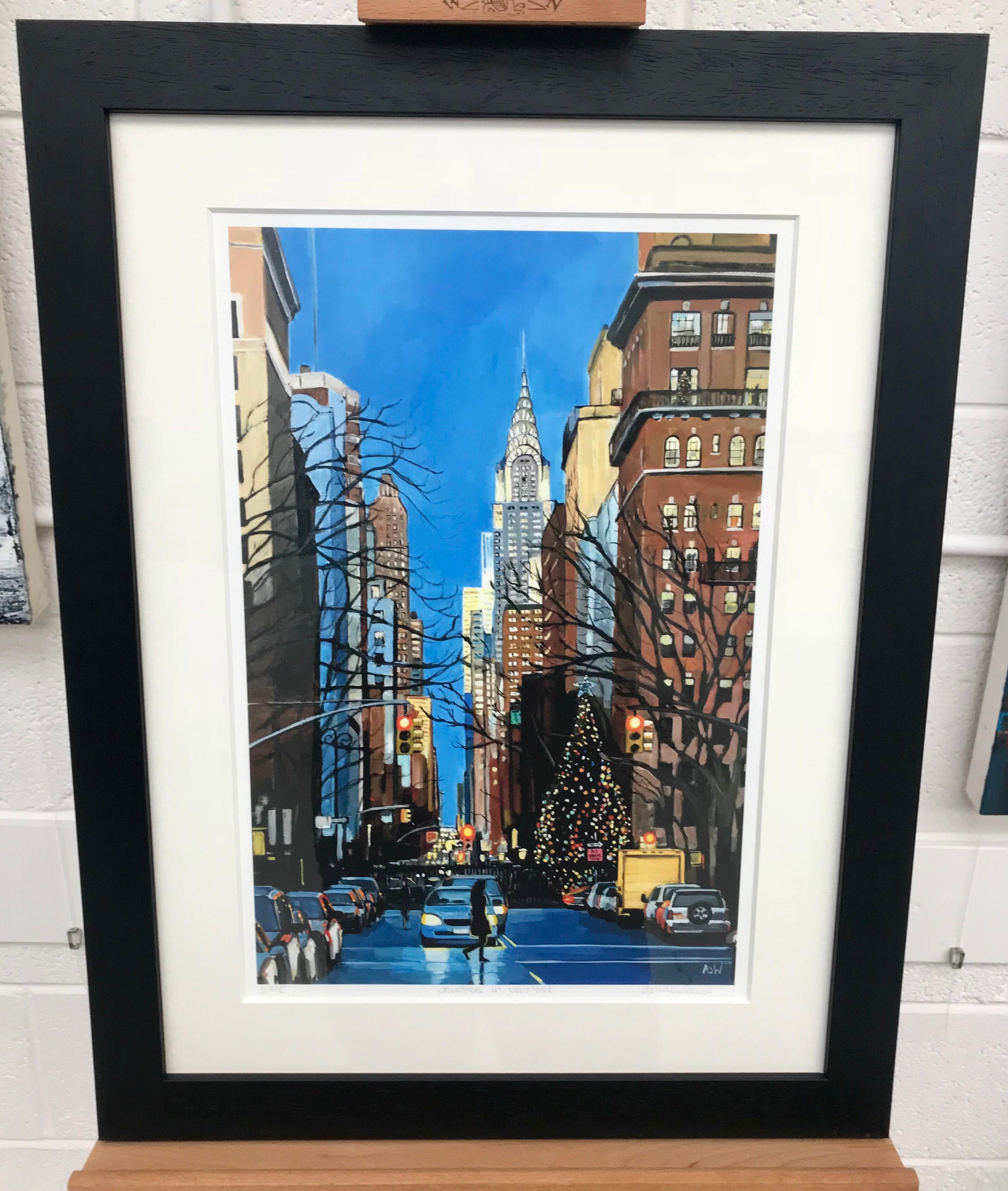 Painting of Christmas in New York with Chrysler Building by British Urban Artist - Print by Angela Wakefield