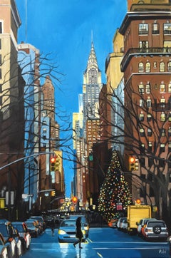 Gemälde einer Weihnachtsfeier in New York im Chrysler Building des britischen Urbankünstlers