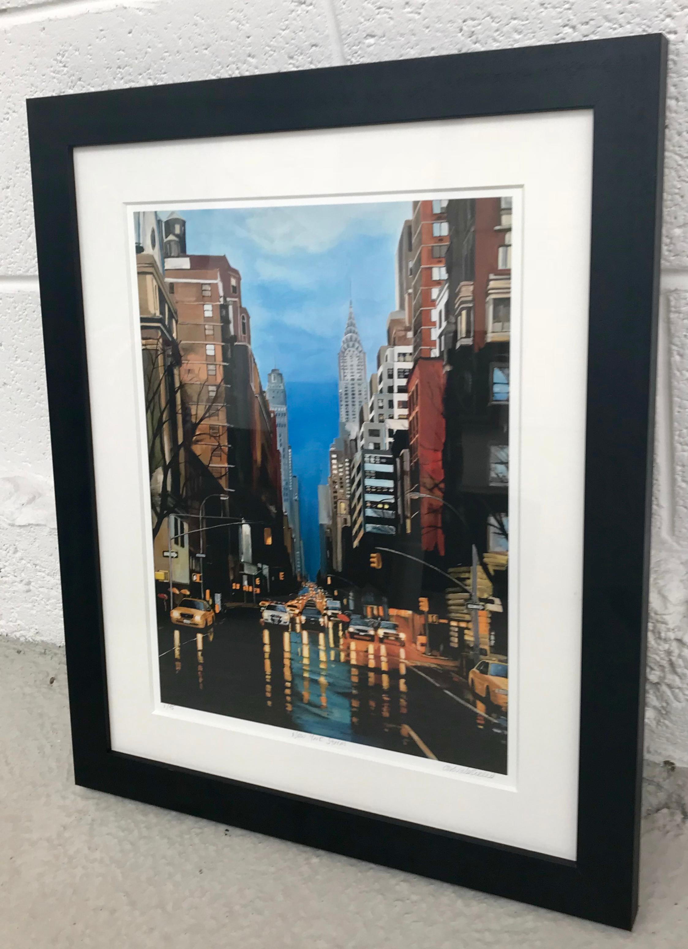 Painting of New York Storm Rain on 42nd Street by Leading British Urban Artist - Realist Print by Angela Wakefield