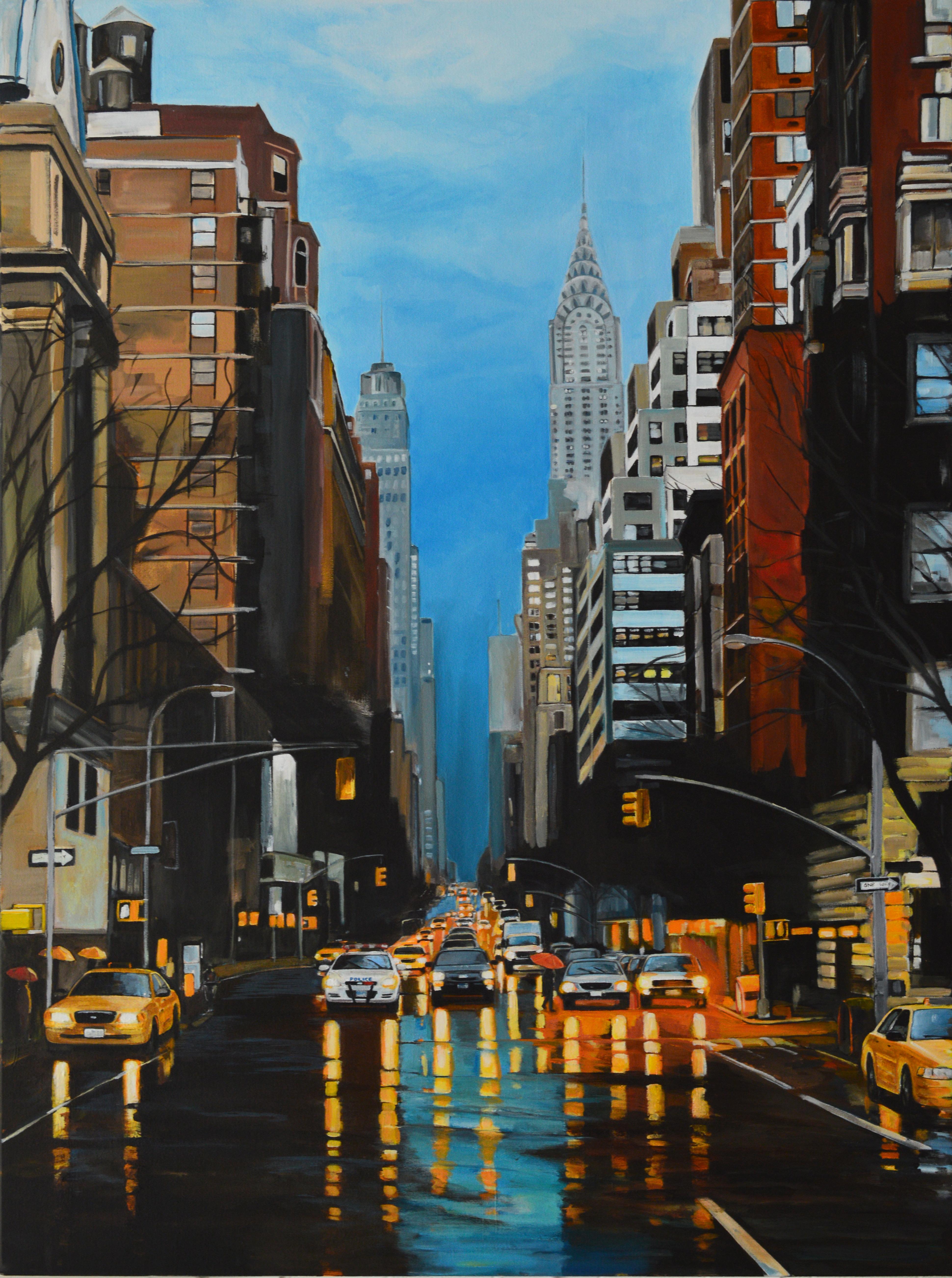 Gemälde von New Yorker Sturmregendem Regen in der 42nd Street von führendem britischen Stadtkünstler (Realismus), Print, von Angela Wakefield