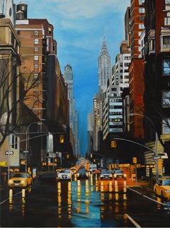 Gemälde eines New Yorker Sturm Regens in der 42nd Street von einem führenden britischen Urbankünstler