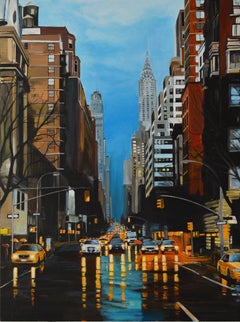 Gemälde von New Yorker Sturmregendem Regen in der 42nd Street von führendem britischen Stadtkünstler