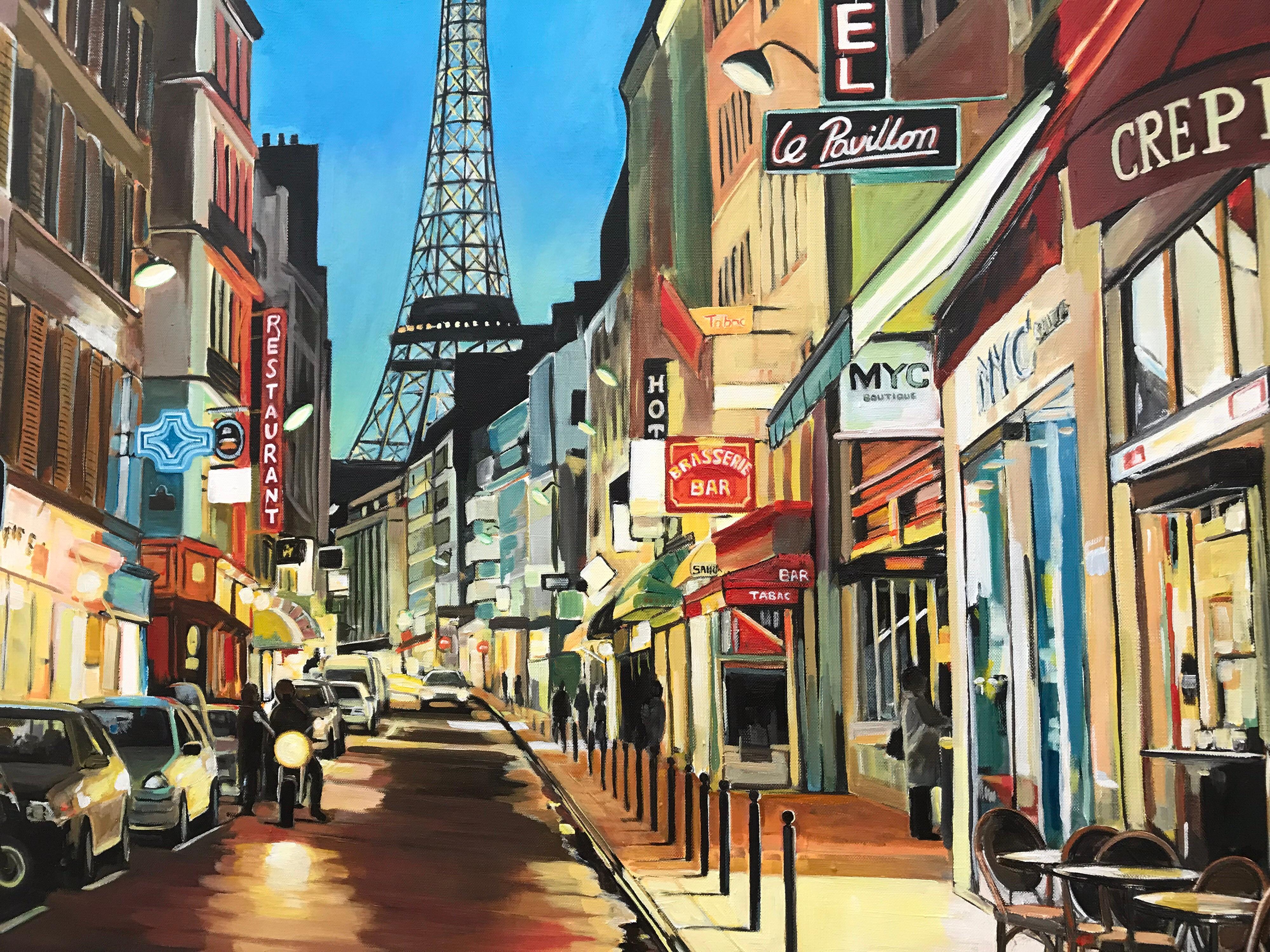 Paris Café mit Eiffelturm Frankreich Limitierte Auflage Druck von britischen Künstler (Zeitgenössisch), Print, von Angela Wakefield