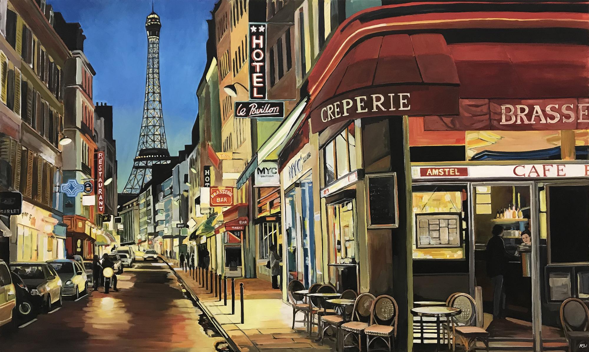 Paris Café mit Eiffelturm Frankreich Limited Edition Druck von figurativen Stadtbild Malerei von führenden britischen Urban Landscape Artist, Angela Wakefield. 

Der Druck misst 16 x 9,5 Zoll 
Papiergewicht Schwer 250gsm
Papiertyp Perlino Baumwolle