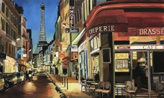 Paris Café mit Eiffelturm Frankreich Limitierte Auflage Druck von britischen Künstler