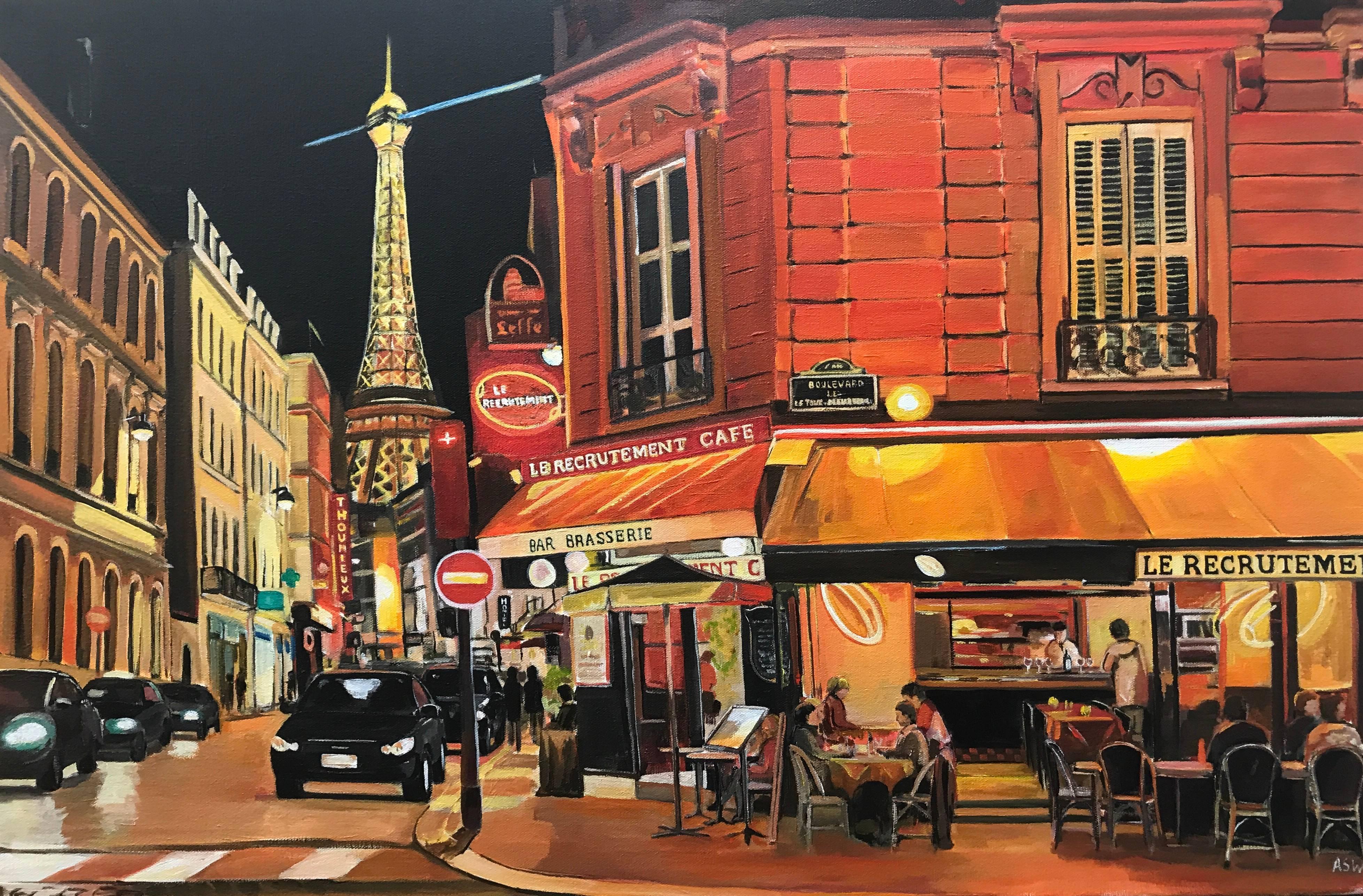 Pariser Café Eiffelturm Paris Frankreich Limitierte Auflage Druck von britischen Künstler  – Print von Angela Wakefield