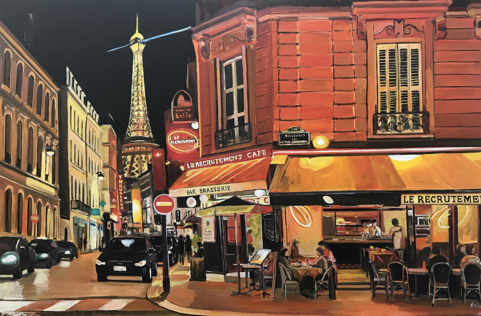 Parisian Café Tour Eiffel Paris France Limited Edition Print by British Artist. Un tirage en édition limitée de haute qualité de la série européenne d'Angela, incorporant la Tour Eiffel - l'une des structures les plus emblématiques d'Europe. Le café