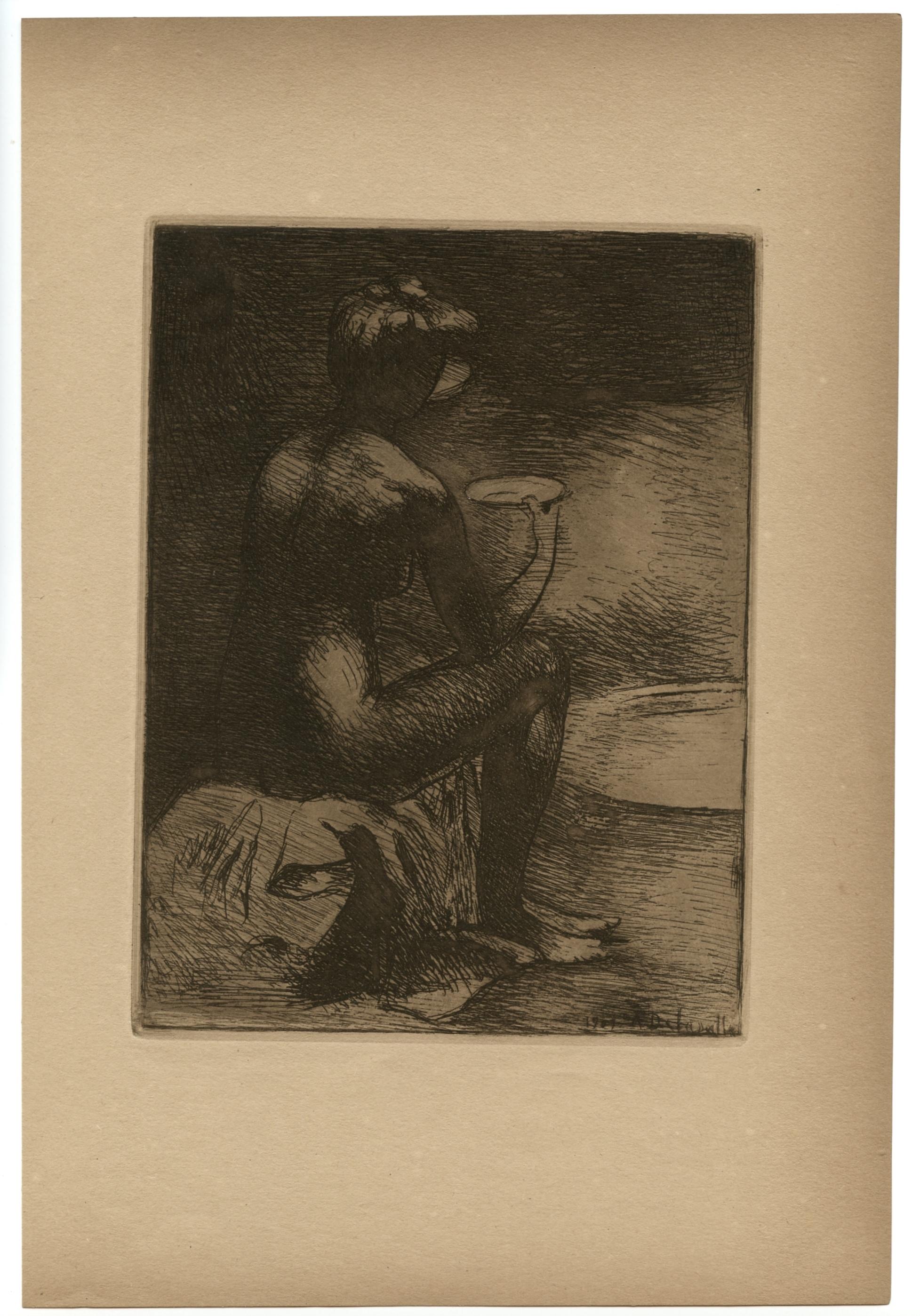 "Le dejeuner" original etching - Print by Angèle Delasalle