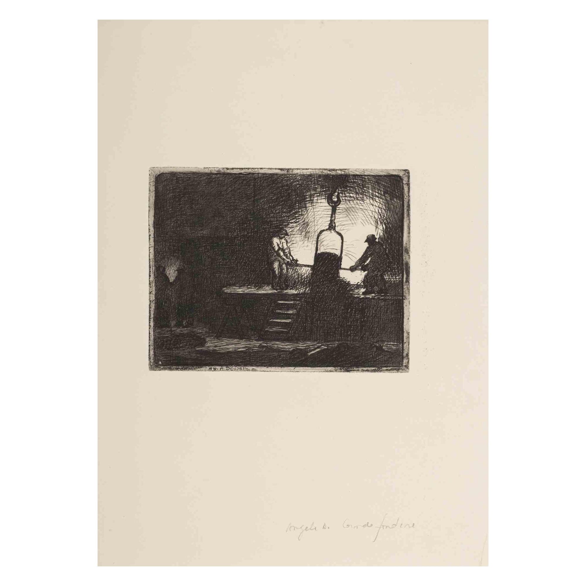 Working - Original Etching by A. Delasalle - Mid-20th Century