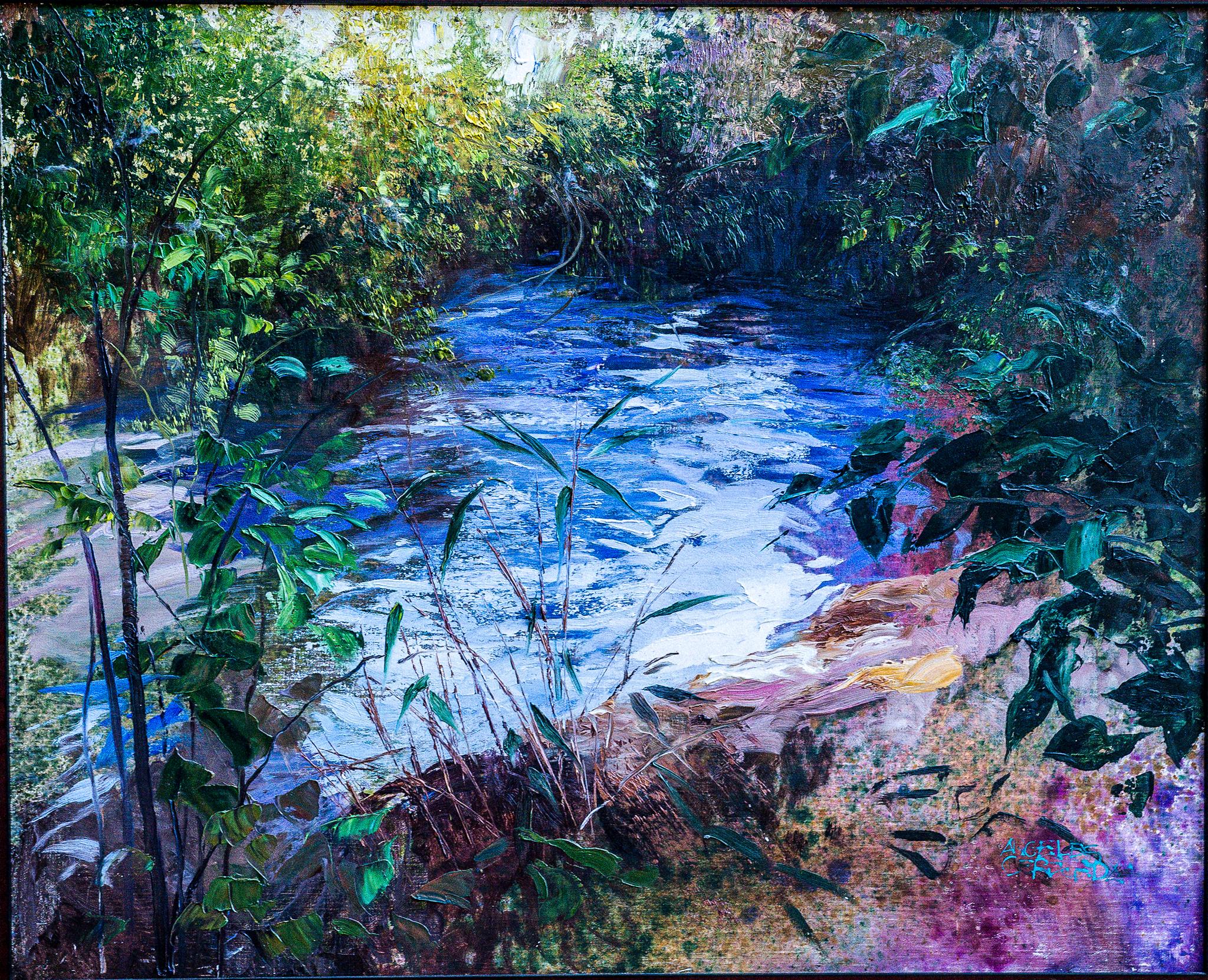 Angeles Cereceda Landscape Painting - "Forest Scene with Stream" Large Impressionist Oil Painting of Trees Woods Water