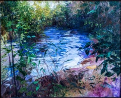 "Forest Scene with Stream" Large Impressionist Oil Painting of Trees Woods Water