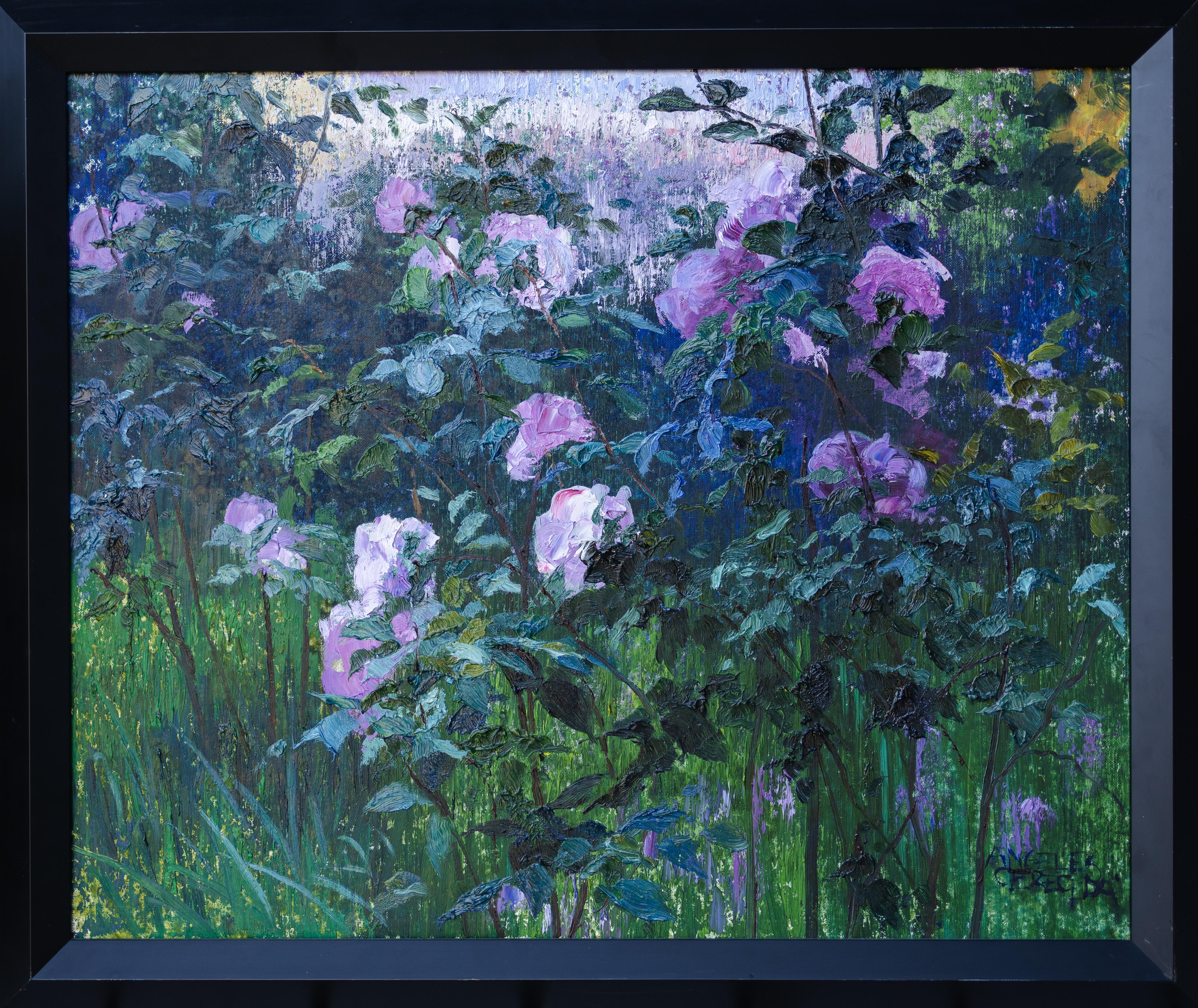 Paysage floral impressionniste « Roses 5 » - Painting de Angeles Cereceda