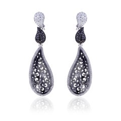Earrings White Gold Carved Drop Translucent Black Jade and Diamonds