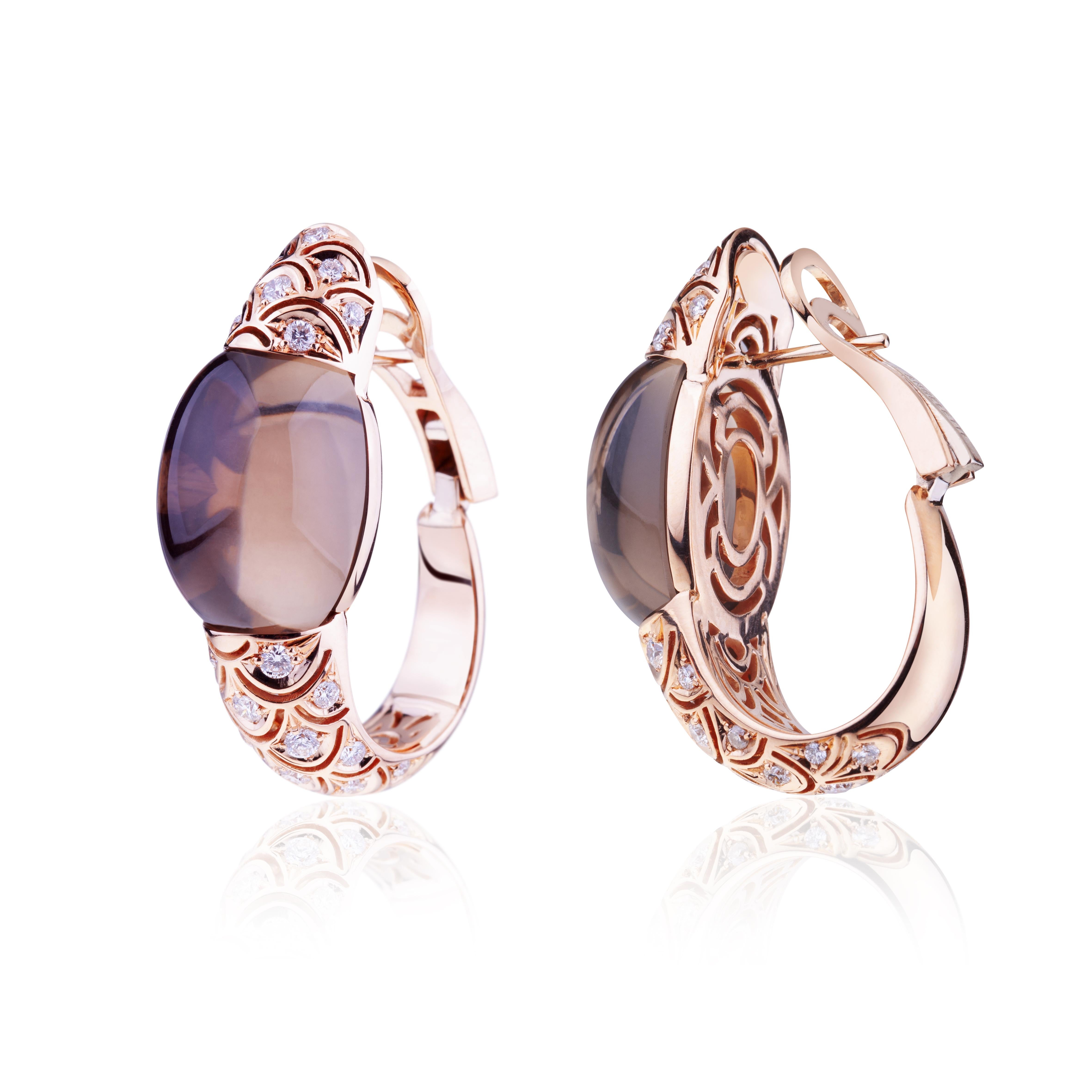 Angeletti Embrace Rose Gold With Diamond and Cabochon Smoky Quarz Hoop Earrings
New Wave Version, Designed and Manifactured in Rome. Large size and impressive proportions. 
Angeletti Boasts an Exceptional History Made of Pure Jewelry Tradition, a
