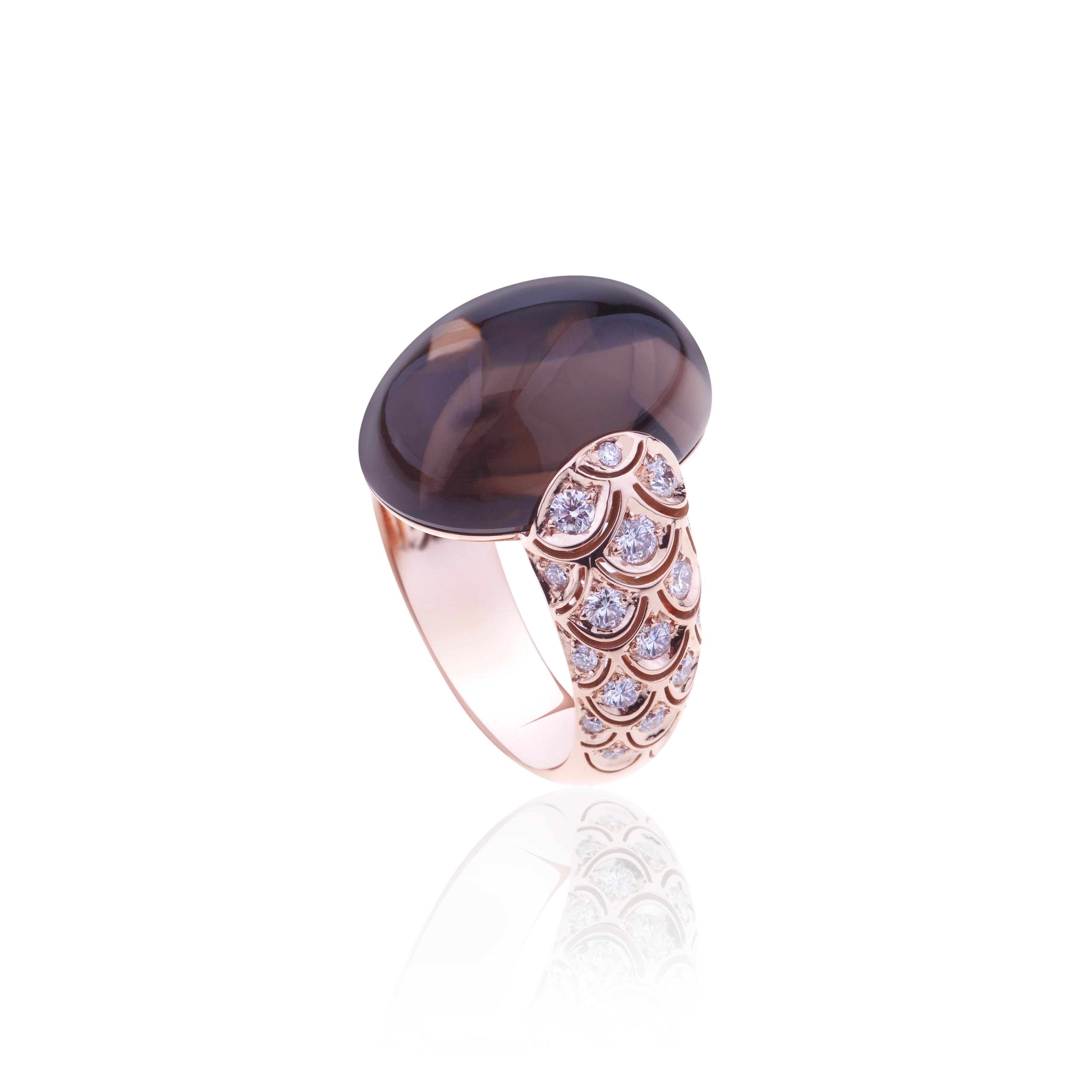 Angeletti Embrace Rose Gold With Diamonds and Cabochon Smoky Quarz Cocktail Ring.
New Wave Version, Designed and Manifactured in Rome. Available in Different Size.
Gold Weight is Around 8 Grams and the Size is 16 but Very Confortable for a range of
