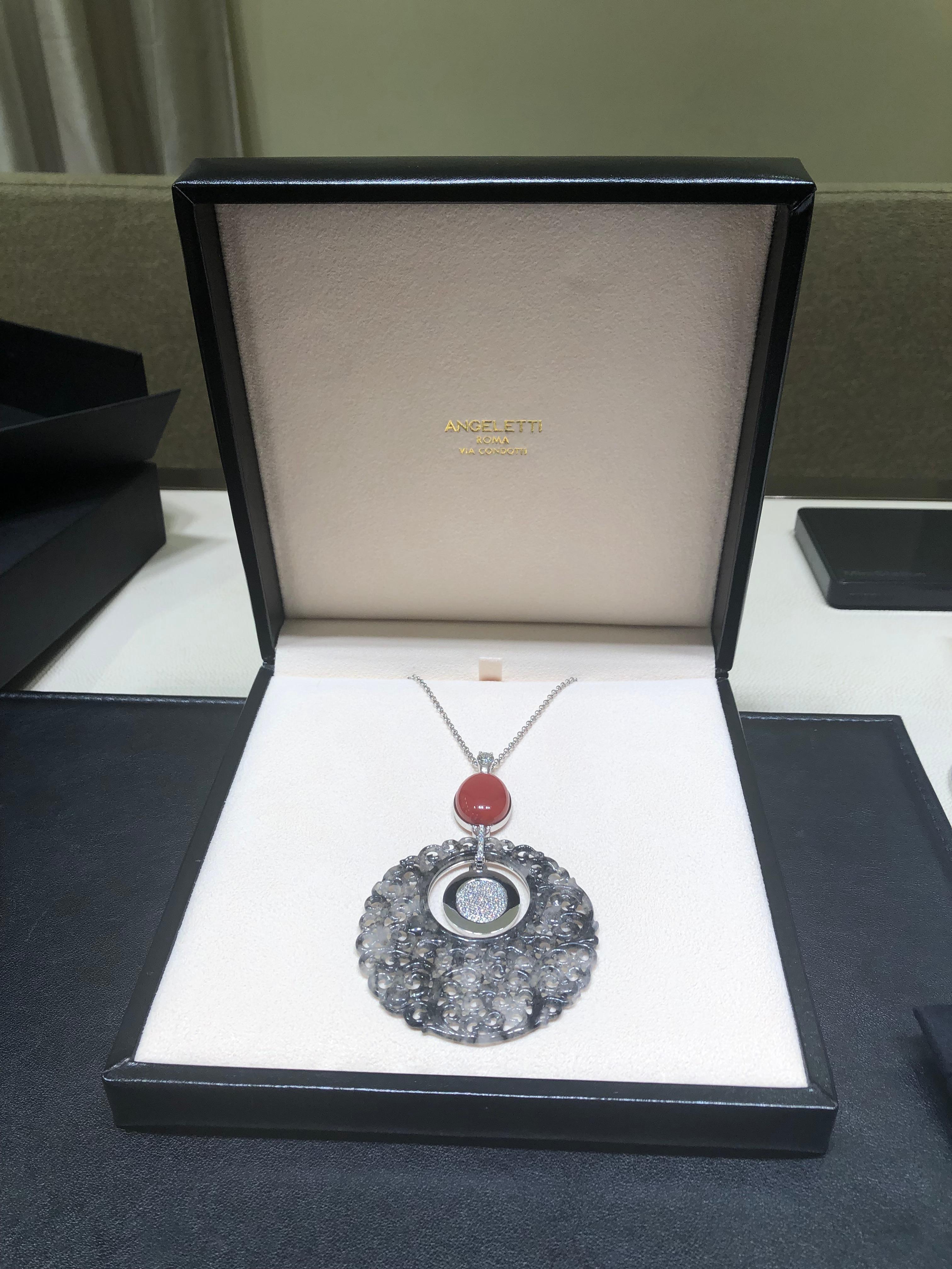 Pendant White Gold Carved Translucent Jade, Solitaire Diamond, Red Coral In New Condition For Sale In Roma, IT