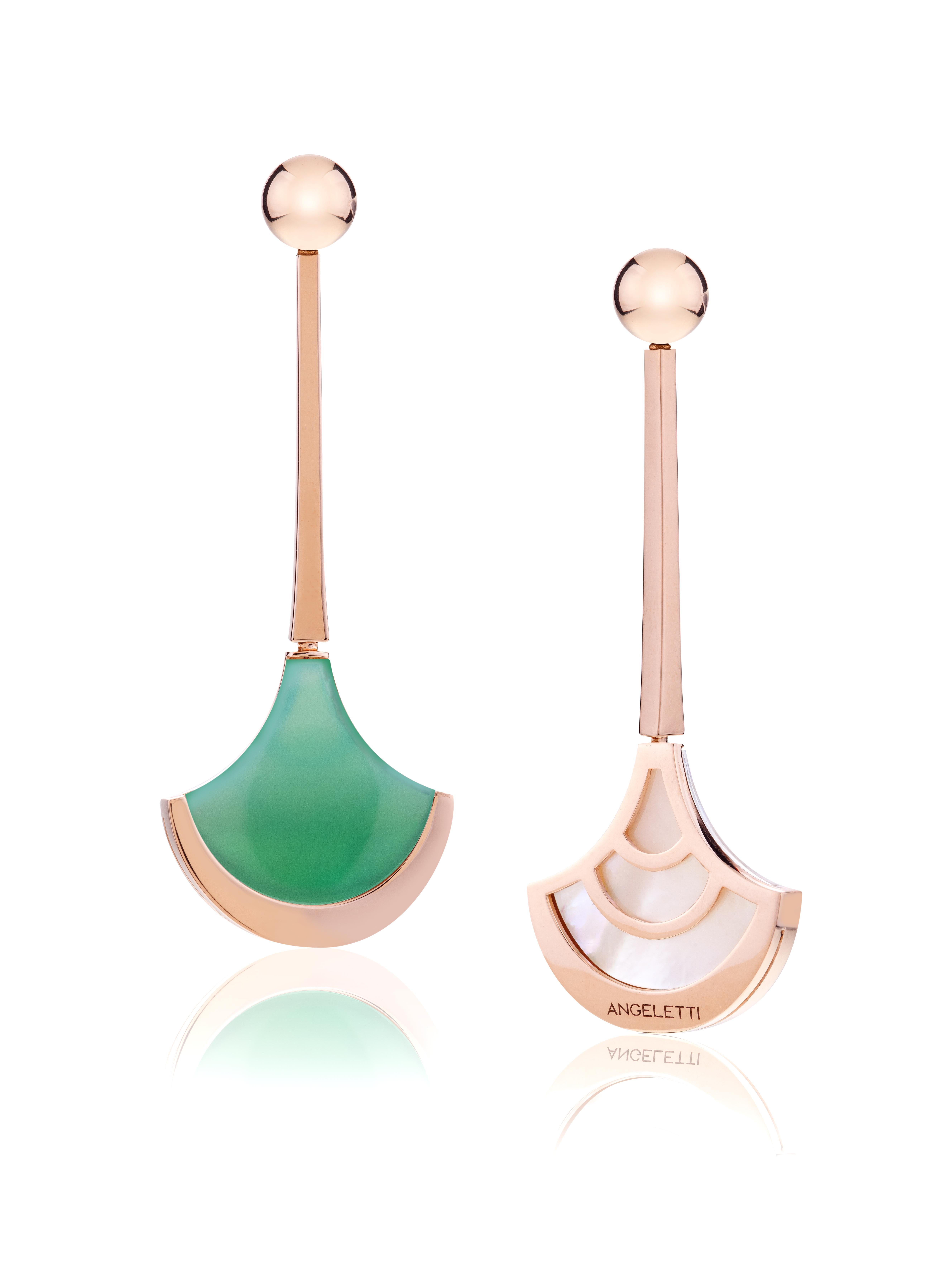 Angeletti Rose Gold Diamonds Green Agate and Mother of Pearl Earrings.
Everyday Earrings with Precious doublette of Green Agate and Mother of Pearl with an extraordinary milky effect. 18kt Gold is around  20 grams. 
Angeletti Boasts an Exceptional