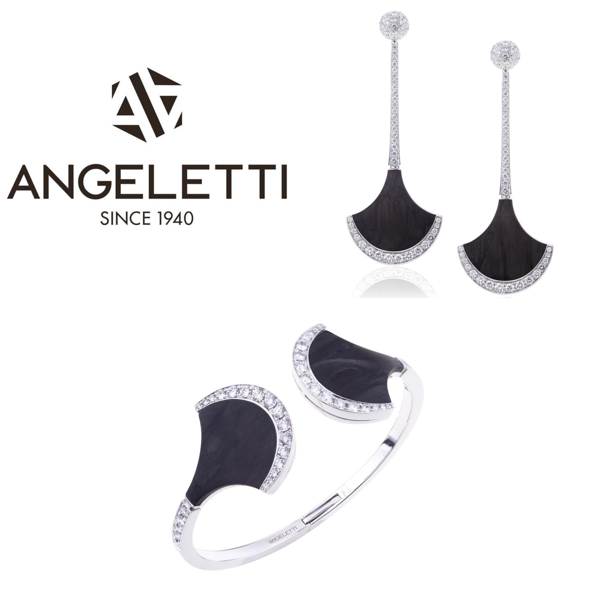 Exclusive Wave Collection by Angeletti White Gold Diamonds and Black Carbon Fiber Earrings.
The Use of New Materials is one of the Characteristic of the Endless Creative Streak of Angeletti. The Carbon Fiber set with diamonds give to these Earrings