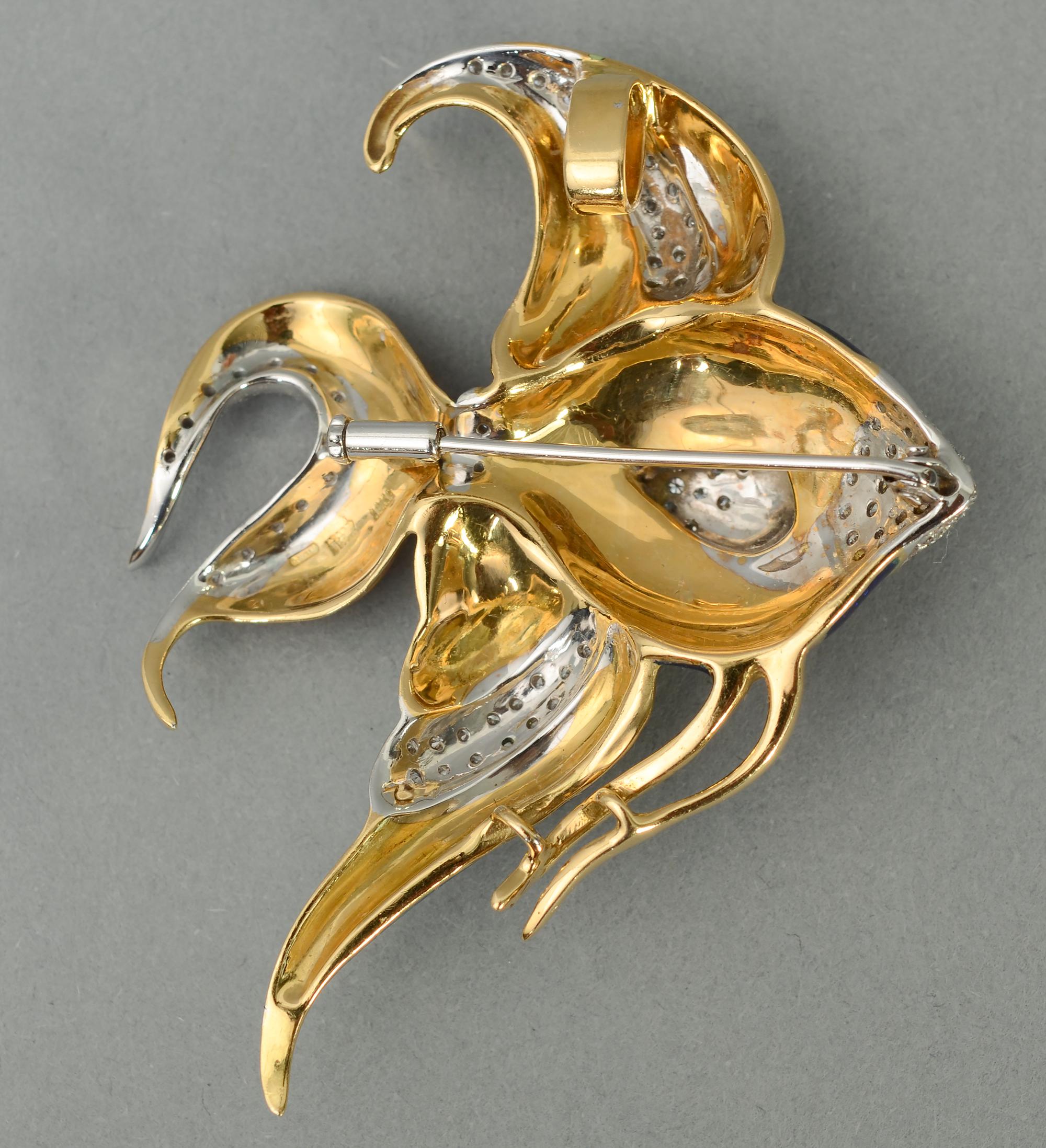 Modern Angelfish Enamel and Diamond Pendant or Brooch