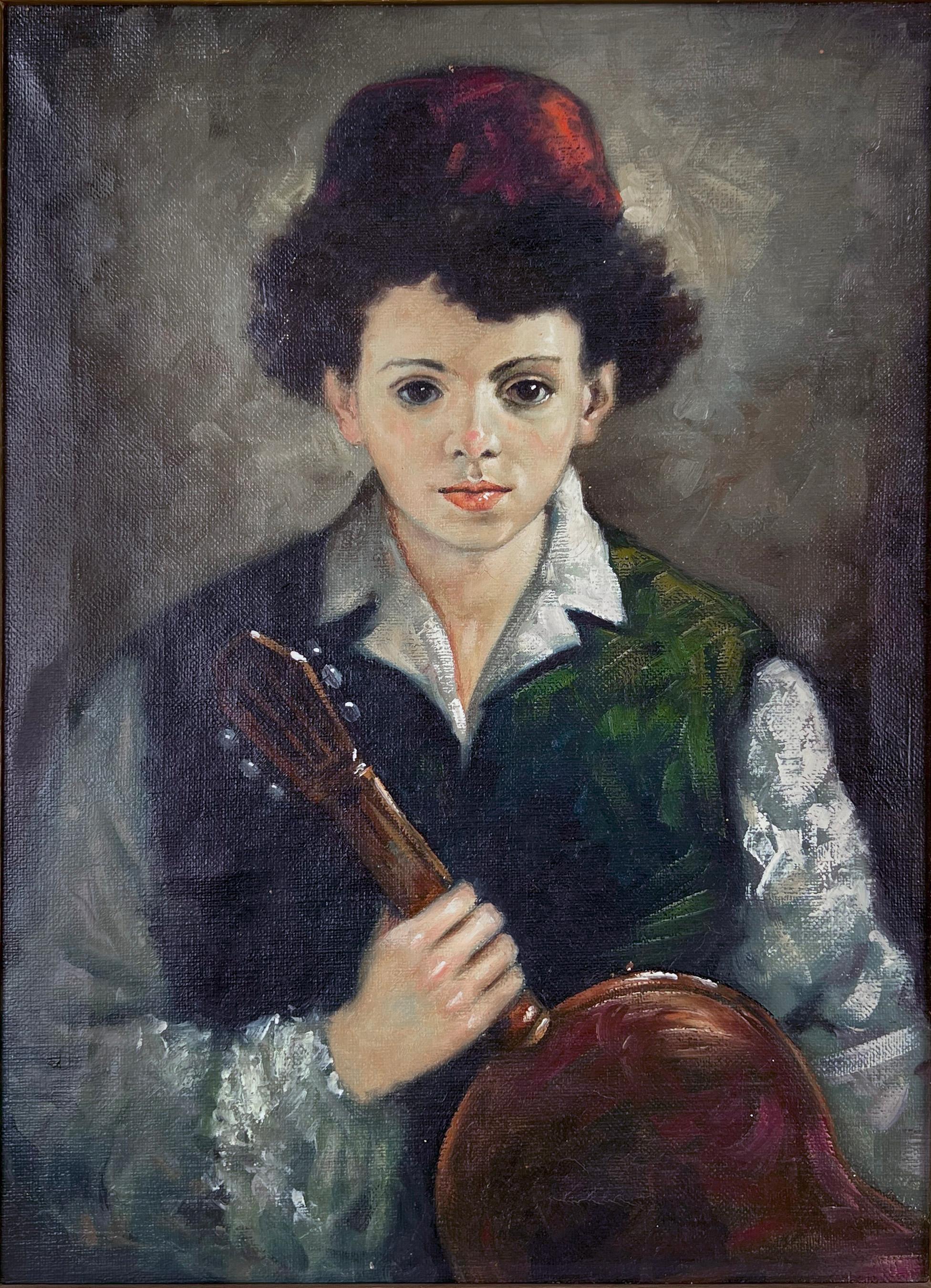 Portrait of Boy and Guitar Original oil by Angeli - Italy circa 1960 For Sale 1