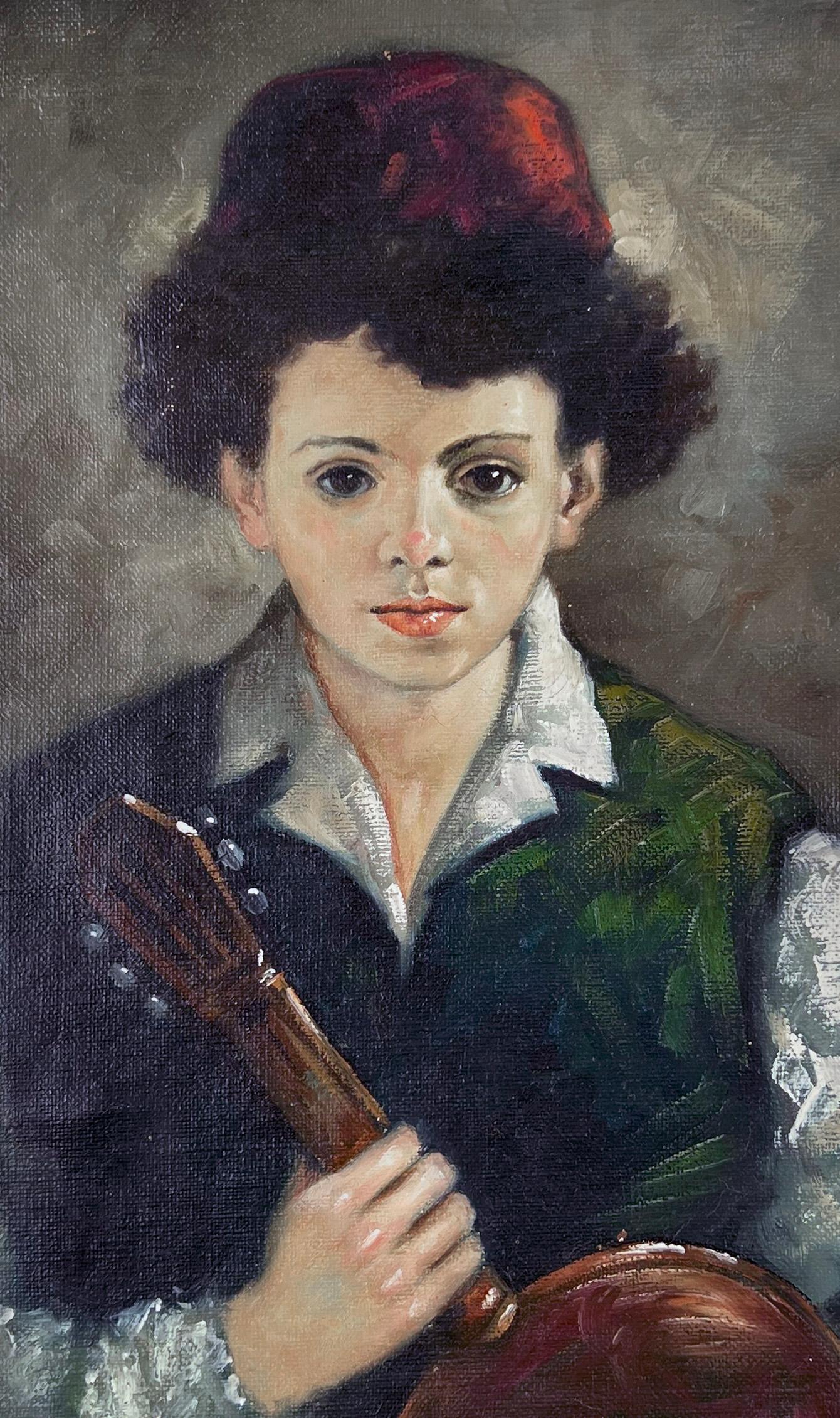 Portrait of Boy and Guitar Original oil by Angeli - Italy circa 1960 For Sale 2