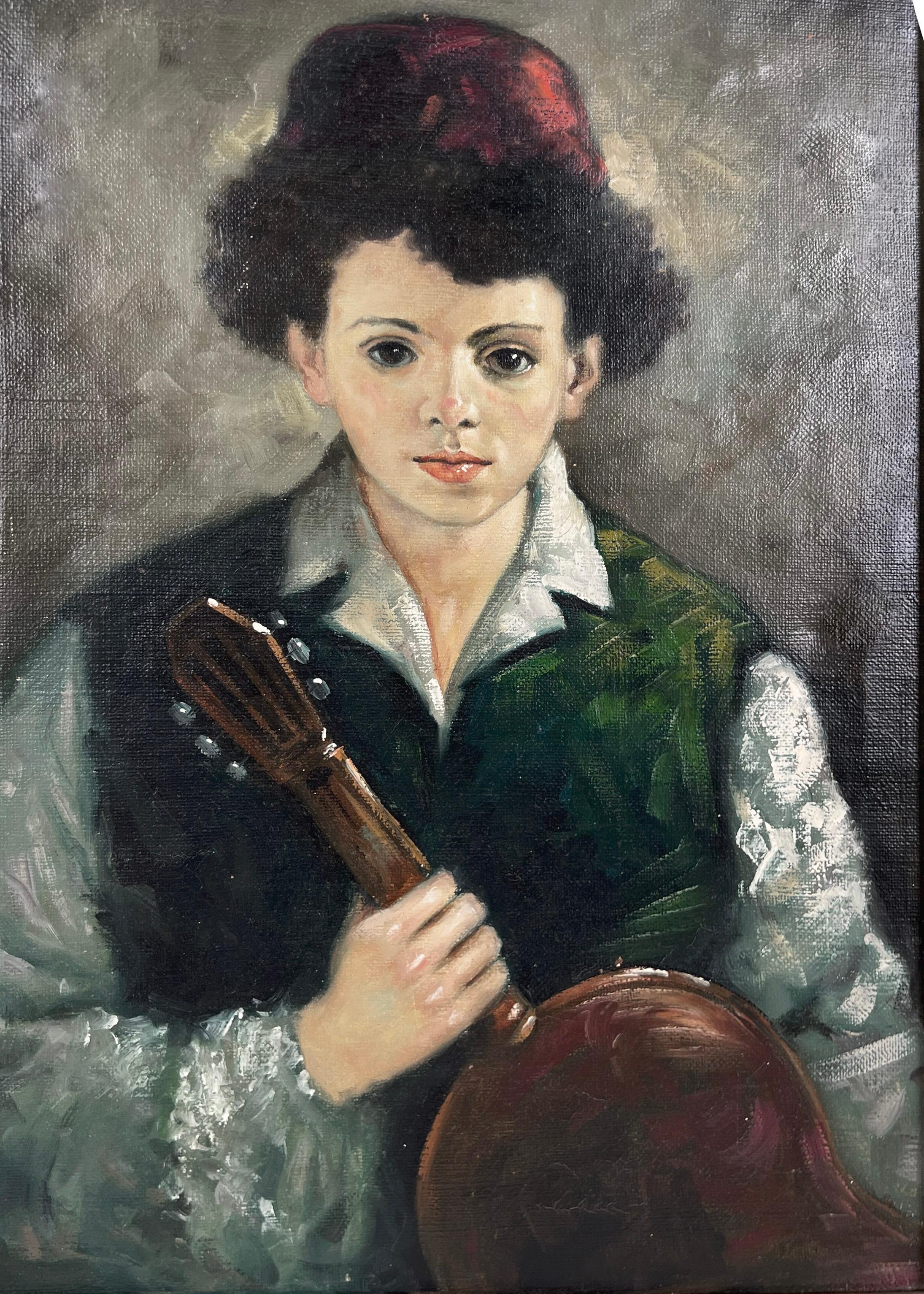 Portrait of Boy and Guitar Original oil by Angeli - Italy circa 1960 For Sale 3