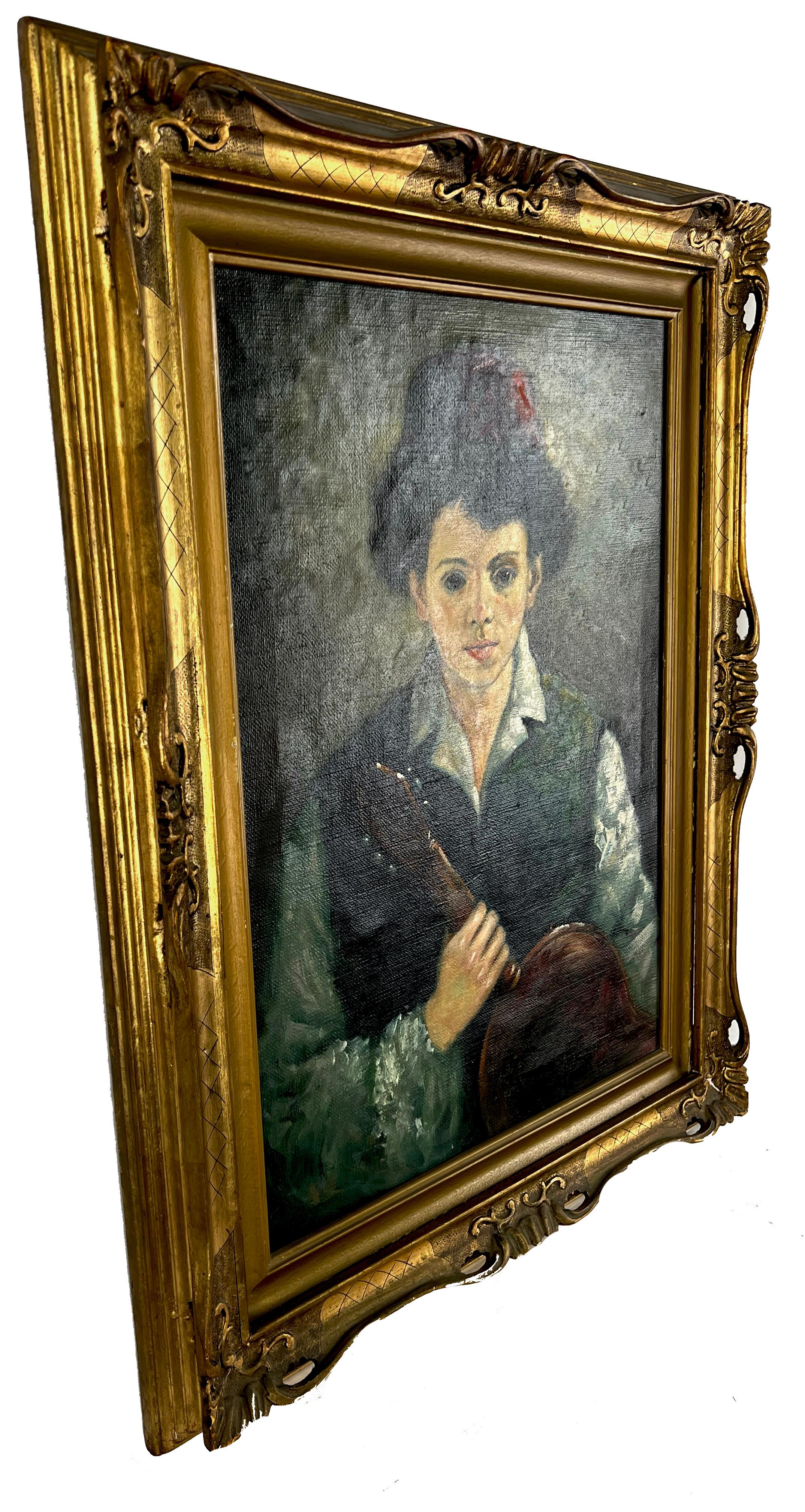 Portrait of Boy and Guitar Original oil by Angeli - Italy circa 1960 For Sale 4