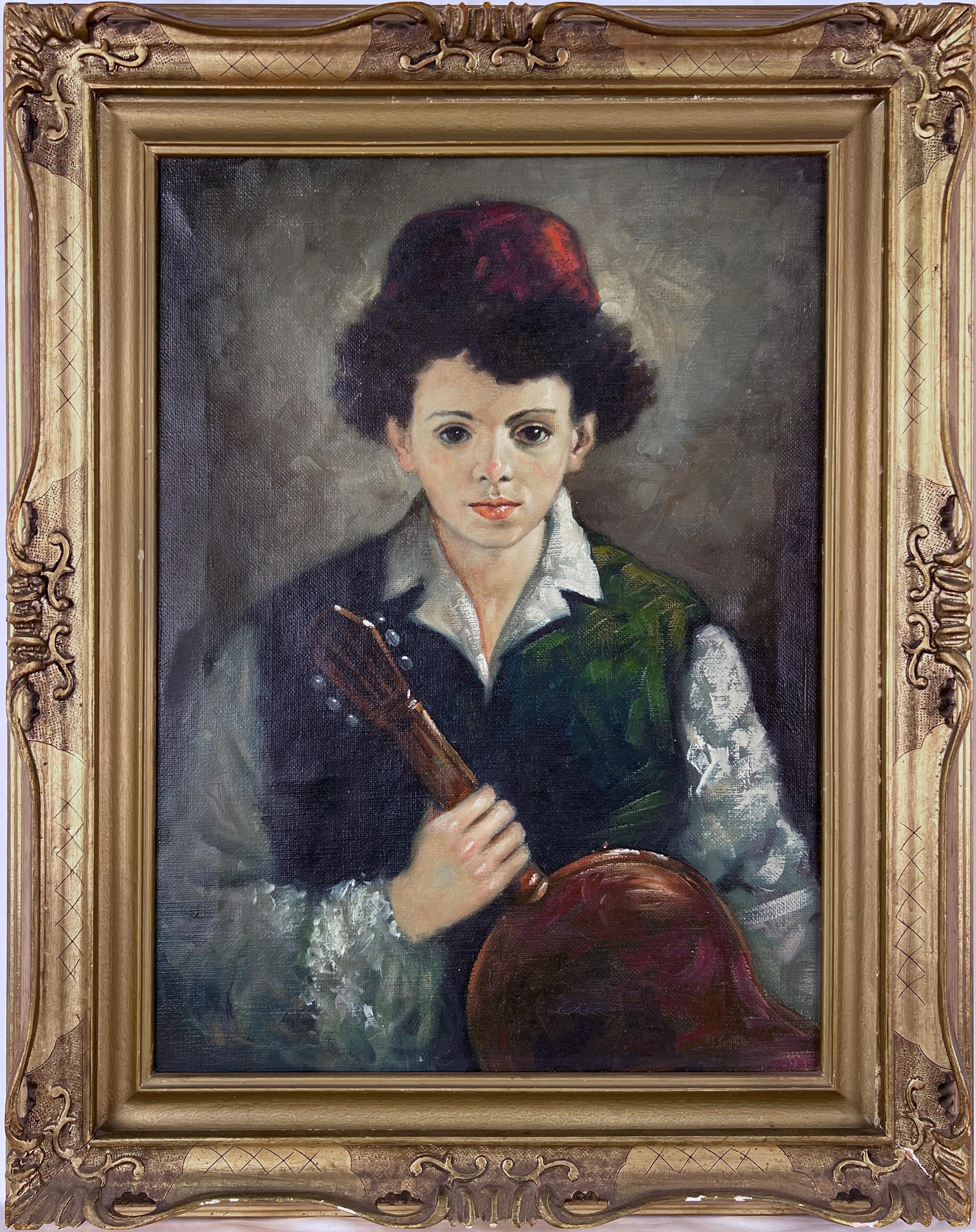 Portrait of Boy and Guitar Original oil by Angeli - Italy circa 1960

Classical portrait of a young boy ad his guitar by Angeli, an unknown Italian painter (Italy, 20th Century). Rocco style frame highlights an Italian artists rendition of a young