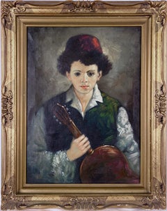Vintage Portrait of Boy and Guitar Original oil by Angeli - Italy circa 1960