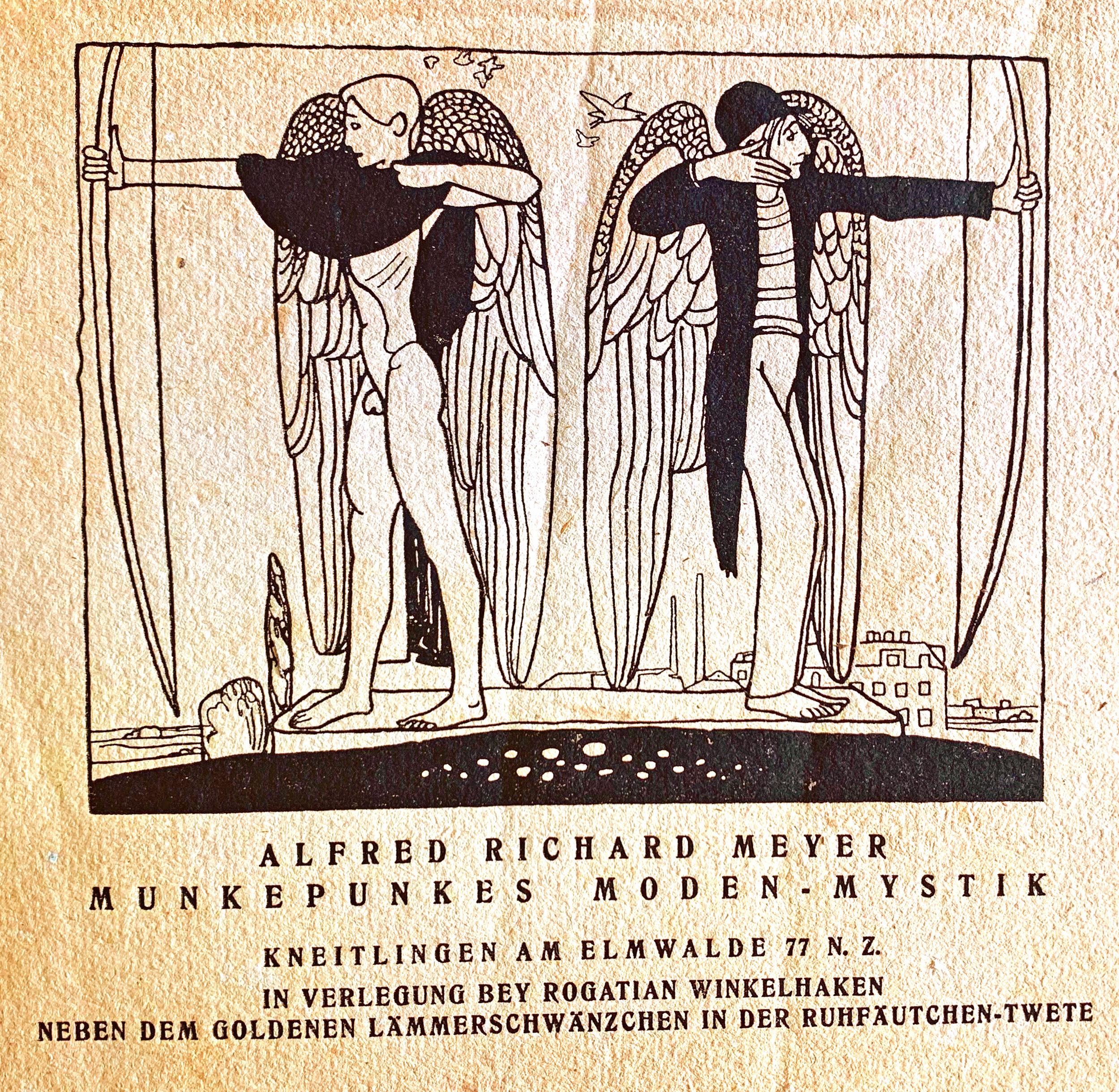 Rare and beautifully produced, this small booklet of poetry by Alfred Richard Meyer was published in 1921 with a stylized cover illustration by Richard Scheibe depicting two archers with angel wings, standing back to back, one nude and the other