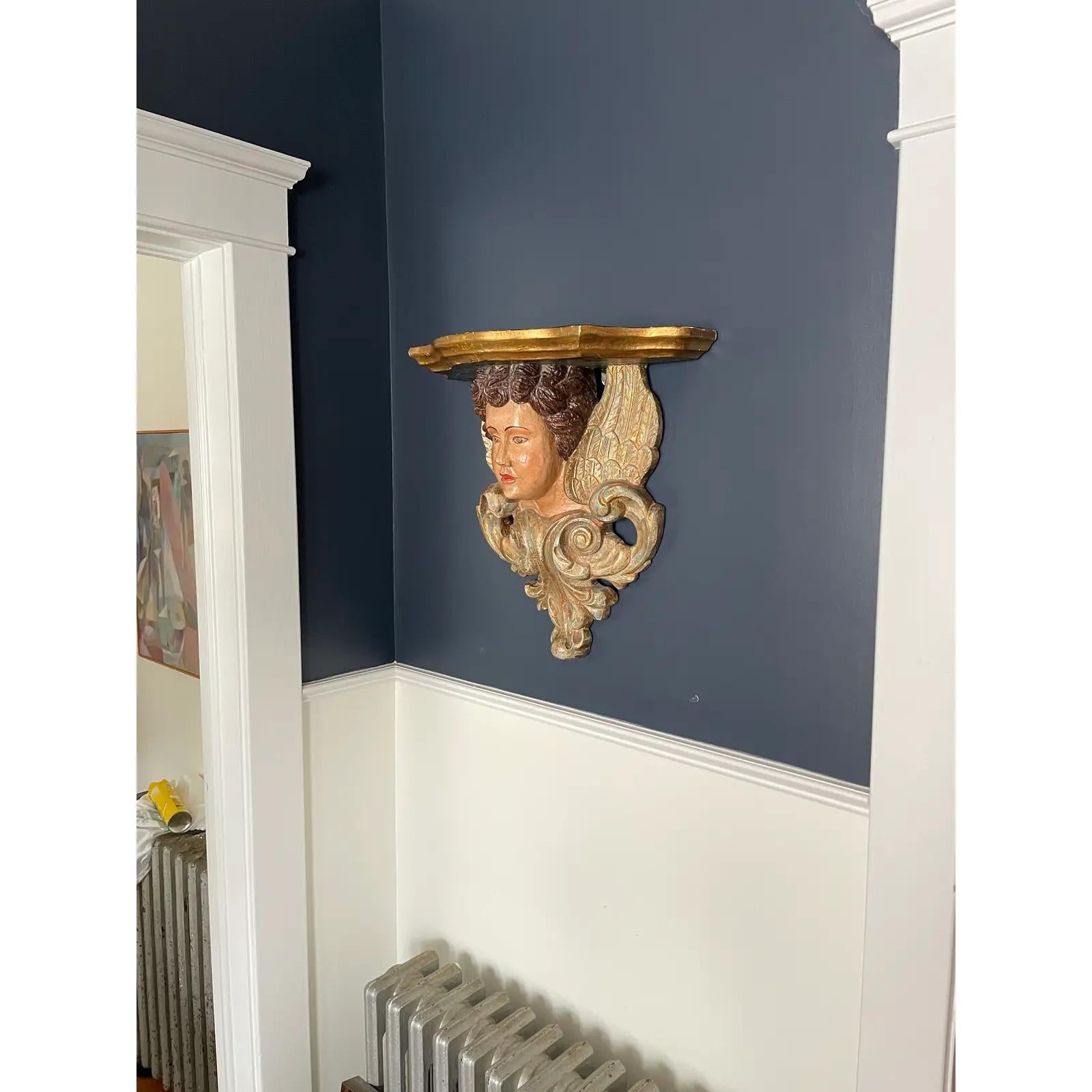 Hollywood Regency Angelic Polychrome Figural Wall Shelf Sconce For Sale