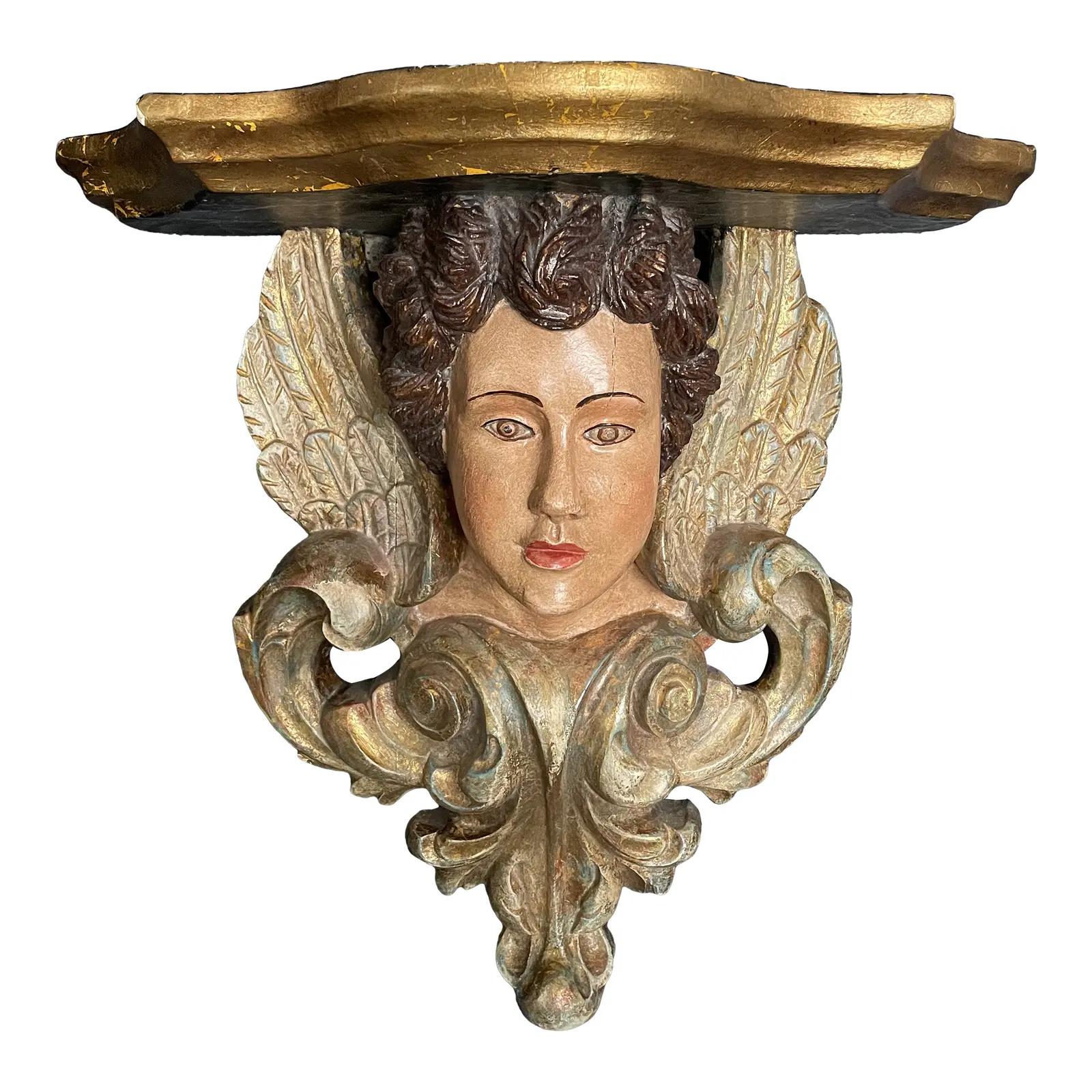 Unknown Angelic Polychrome Figural Wall Shelf Sconce For Sale