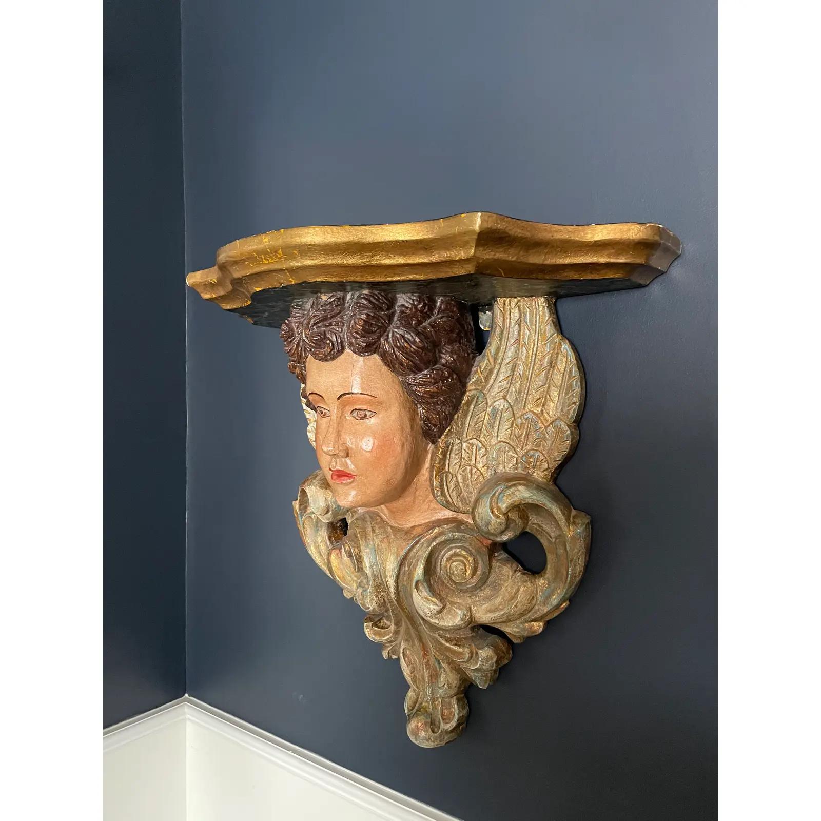 Angelic Polychrome Figural Wall Shelf Sconce In Good Condition For Sale In W Allenhurst, NJ