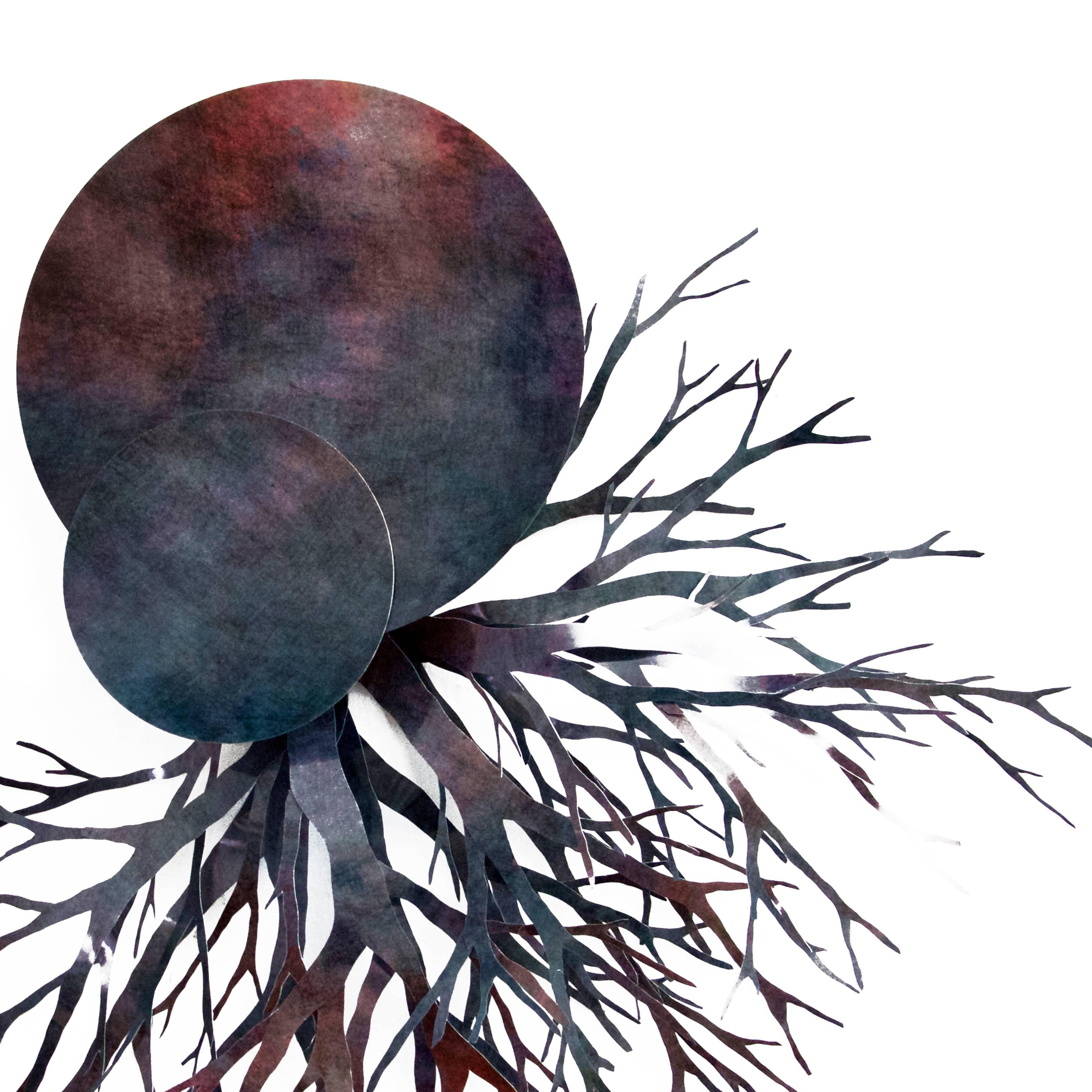 Mixed Media Sculptural Collage Planet with Roots: 'Fons et origo #7' - Black Abstract Sculpture by Angelica Bergamini