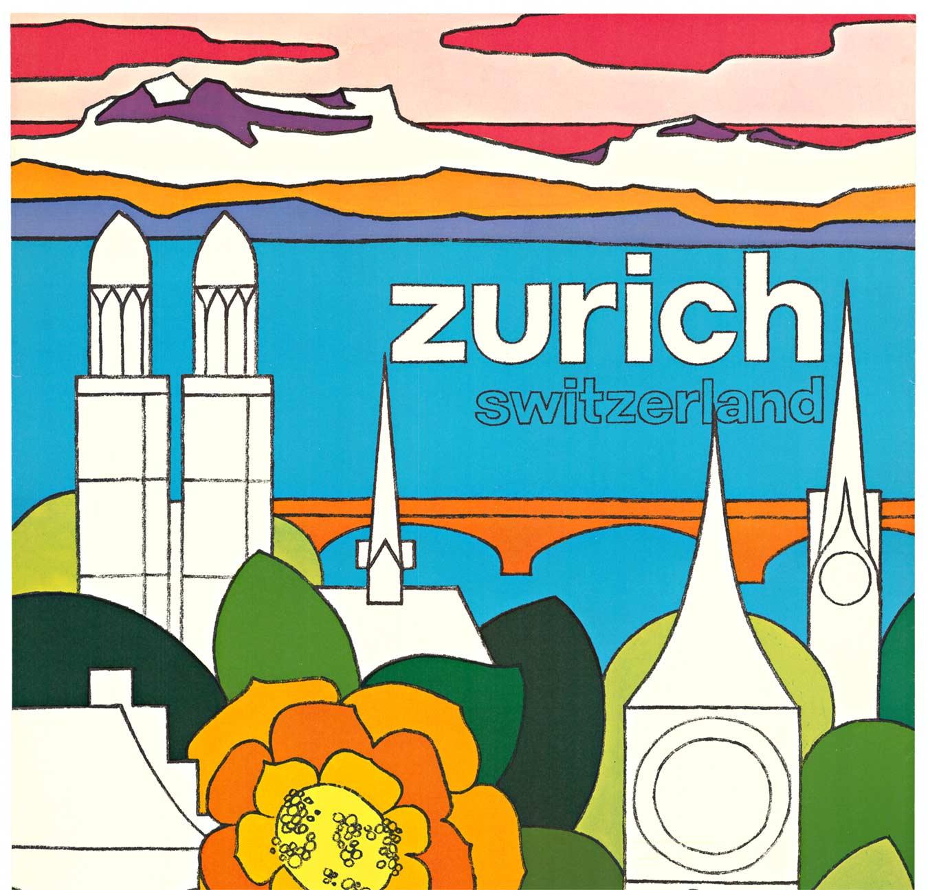 Original-Vintage-Reiseplakat Zürich, Schweiz  Leinen hinterlegt – Print von Angelica Grazioli