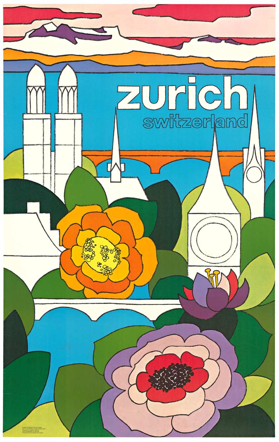 Angelica Grazioli Landscape Print - Original Zurich, Switzerland vintage travel poster  linen backed