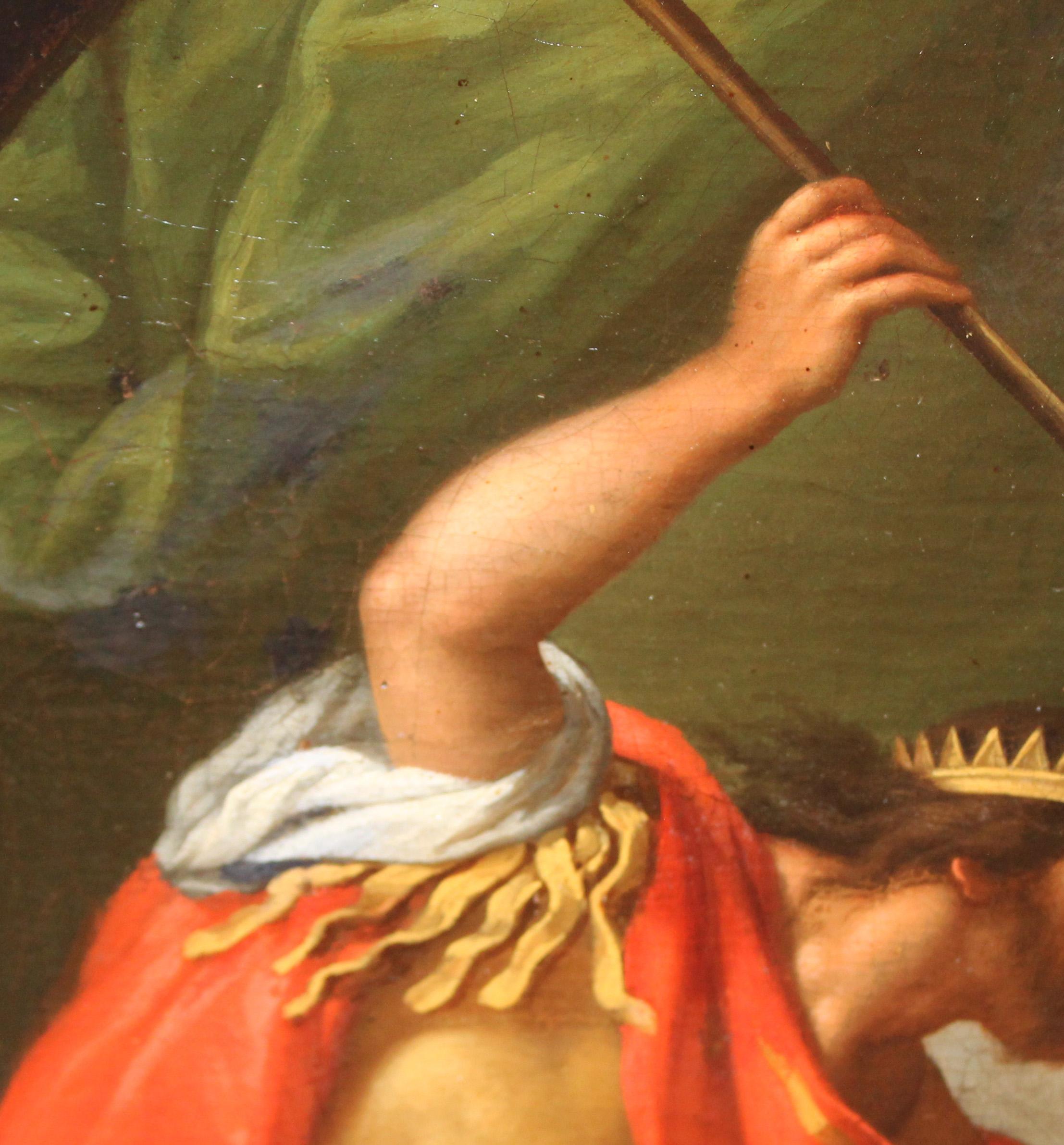 Se presenta enmarcada la obra con un finó listón de madera

Maße des Werks: 72 x 56 cm.

MarCo-Maße: 74 x 58 cm.

Das Gemälde zeigt eine dramatische Szene aus der biblischen Geschichte von David und Saúl:

Personajes principales:
Un hombre vestido