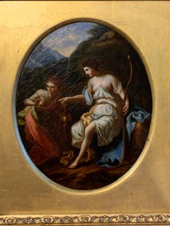 19th century English Antique oil of two classical women with a bow and arrow in