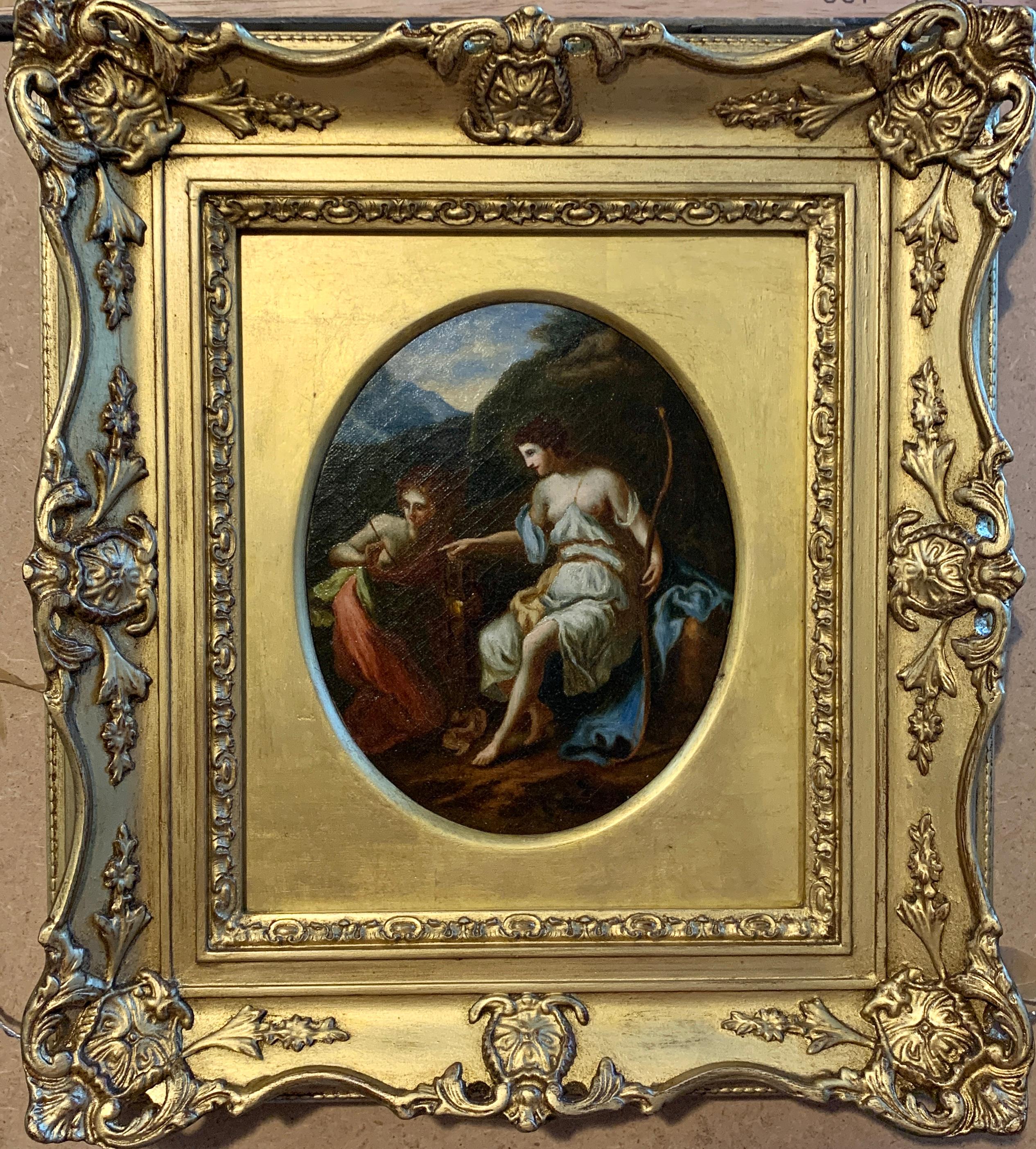 Angelica Kauffmann Portrait Painting -  19th century English Antique oil of two classical women with a bow and arrow in