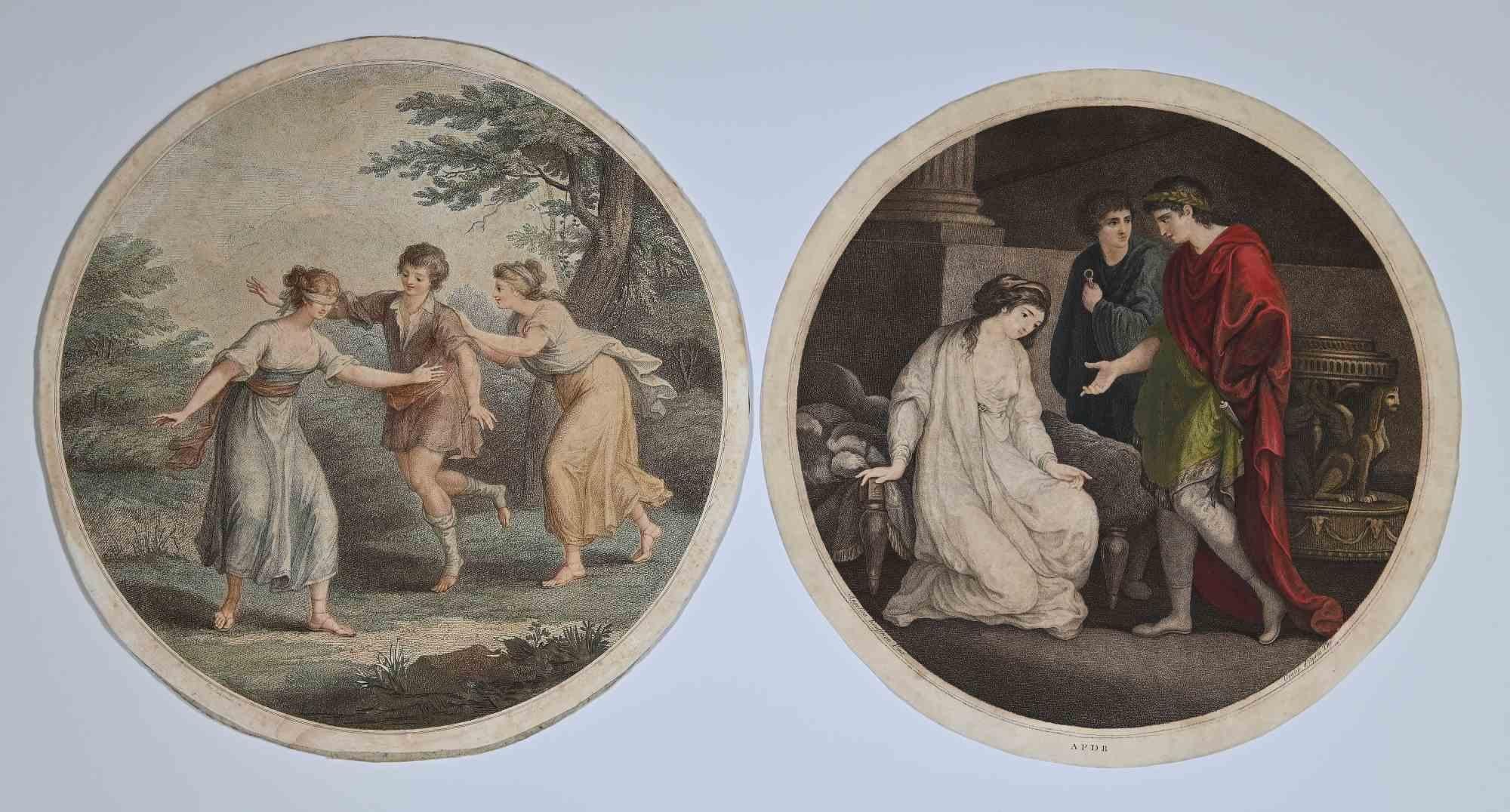 Genre Scenes Compositions ist ein Originalkunstwerk aus den 1780er Jahren nach Angelika Kauffmann.

Das Kunstwerk besteht aus einem Paar gemischter farbiger Handaquarelle, die von zwei Originalgemälden des Künstlers stammen (wie auf Platte