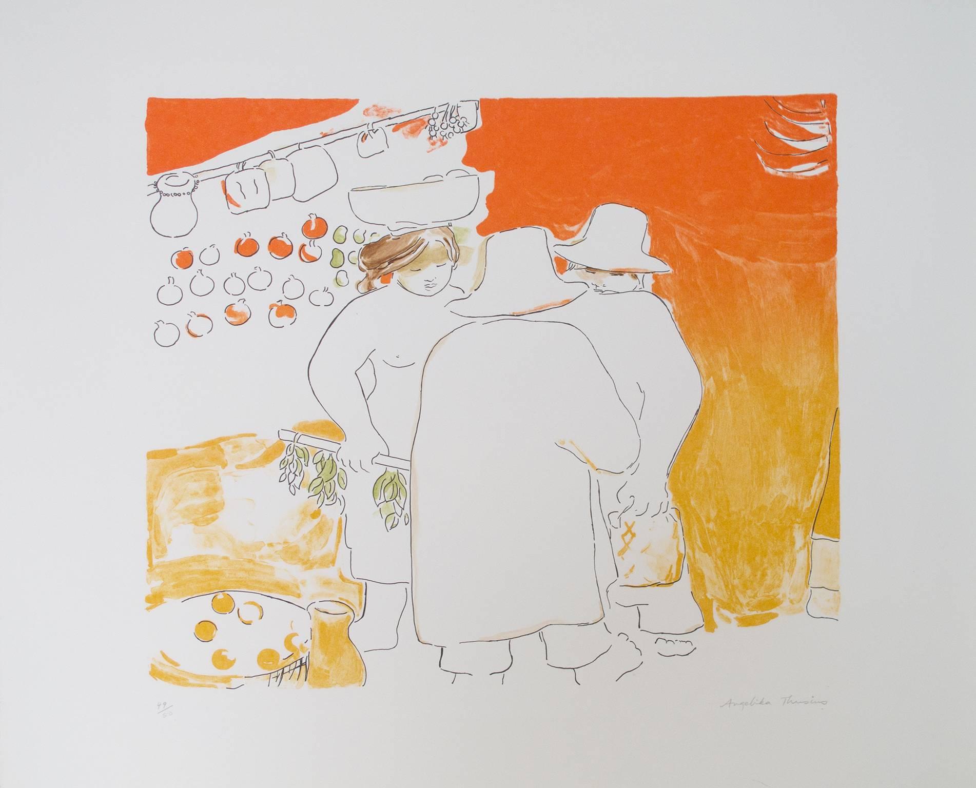 "Market Scene" is an original color lithograph by Angelika Thusius. It depicts three women at a market. Thusius uses contour lines and bright oranges and yellows to create this lithograph. It is signed in the lower right and editioned 49/50 lower
