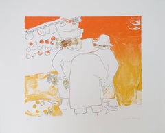 "Market Scene, " bright Original Color Lithograph signed by Angelika Thusius
