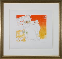 "Market Scene," Original Brightly-colored Lithograph signed by Angelika Thusius
