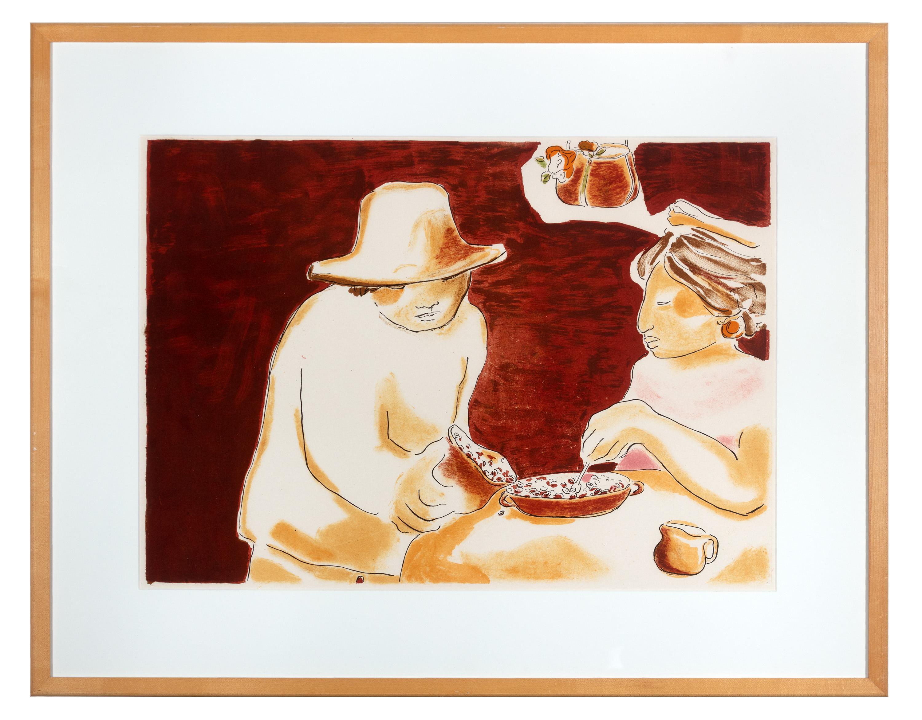 Angelika Thusius Figurative Print - "Untitled (2 Women with Beans), " Original Color Lithograph