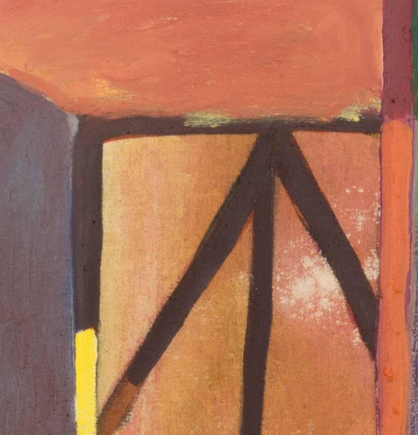 This dark red, yellow, and purple piece fluctuates between representational still-life and abstraction. The lines in a window form the letters U and S amidst light and shadows.

Using abstracted still life and interior motifs, Angelina Gualdoni’s