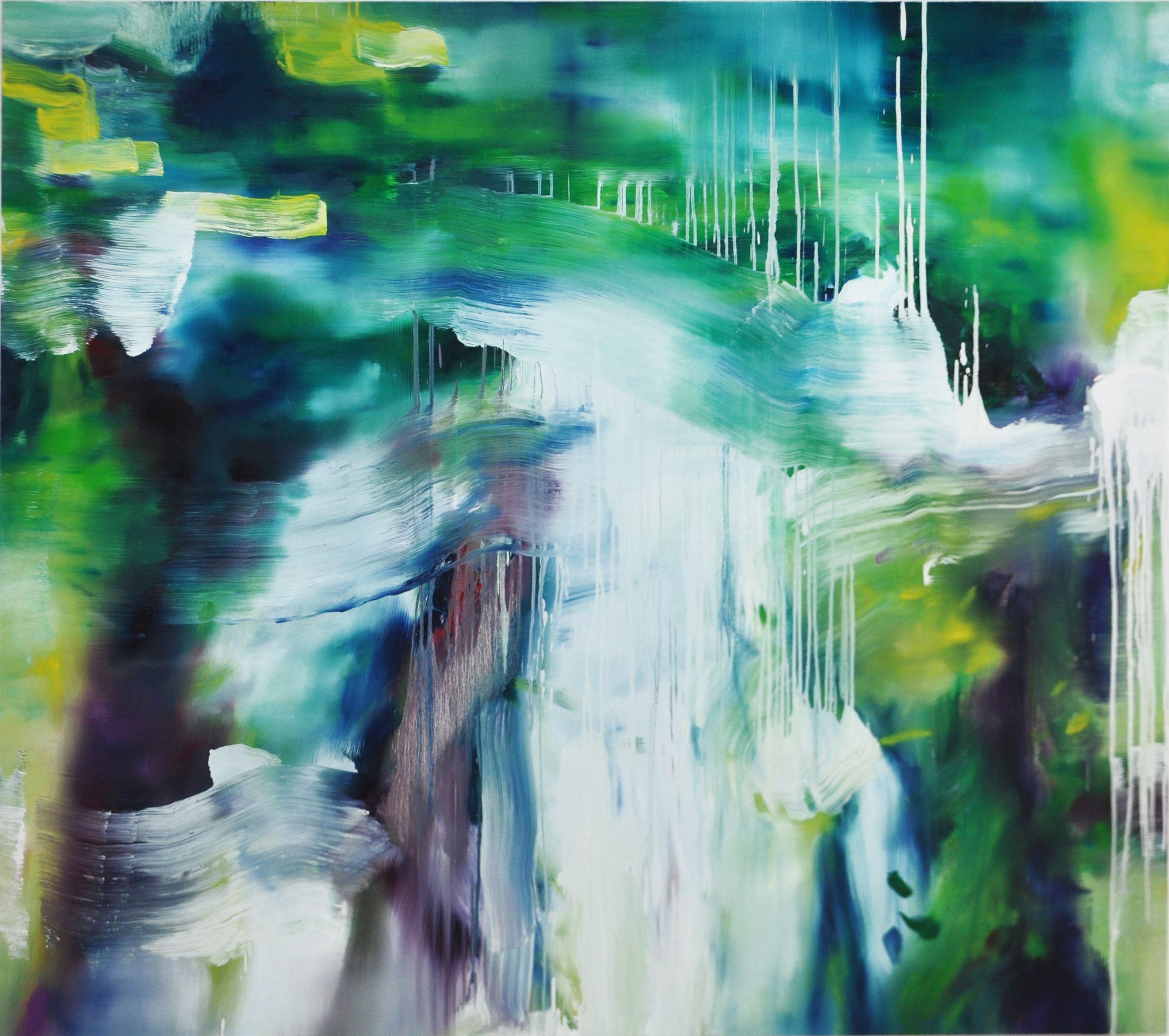 Angelina Nasso's painting "Receive" is an oil on canvas from 2014 inspired by the lush forest setting of upstate New York. The painting focuses on an abstracted, gestural landscape, using bold and verdant colors that transform the space into a