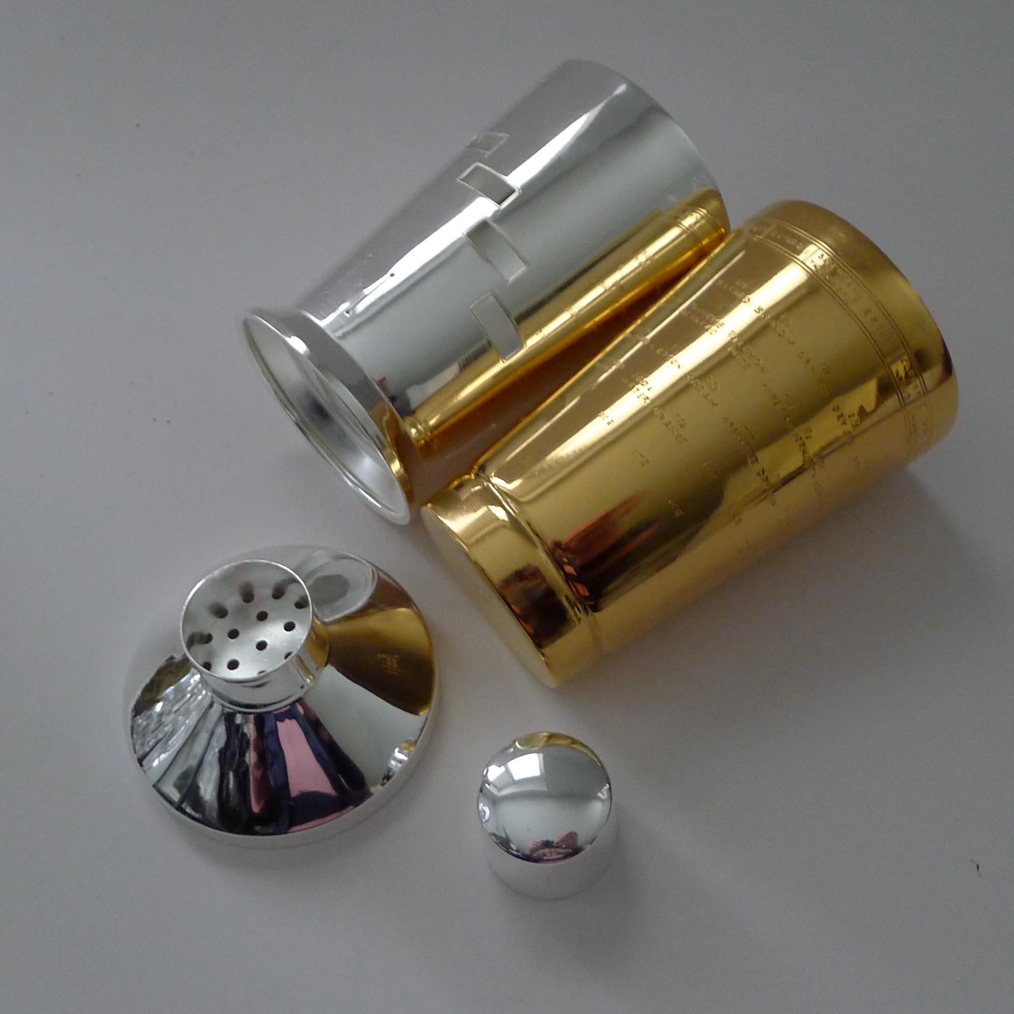 A stunning vintage Art Deco cocktail shaker in silver and gold plate.  This shaker came to us in a very worn condition.  Our silversmiths have done an amazing job in restoring it to it's former glory with silver plate on the outer case and lavishly