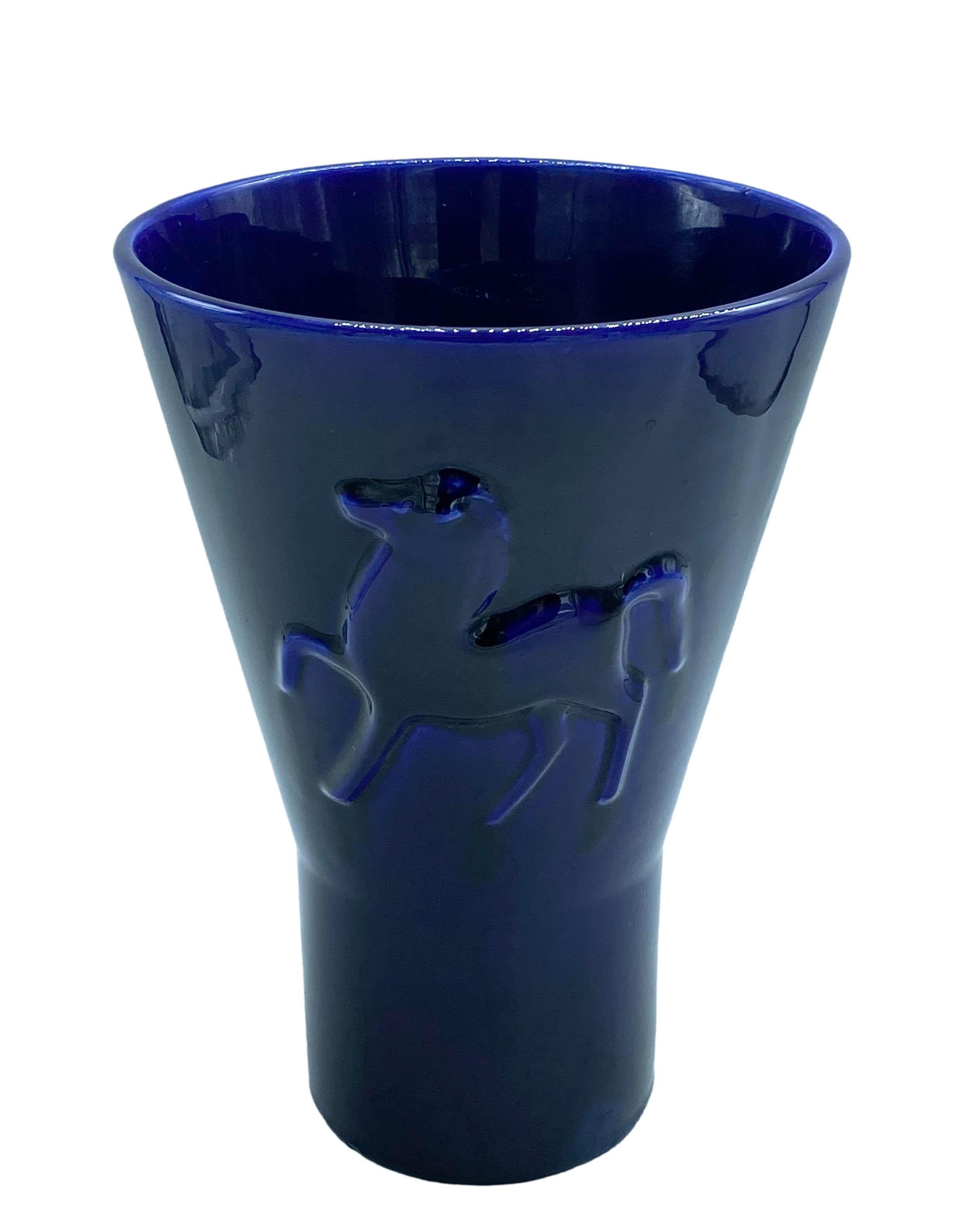 Mid-Century Modern Angelo Biancini for Laveno Blue Ceramic Vase, Italy 1930s