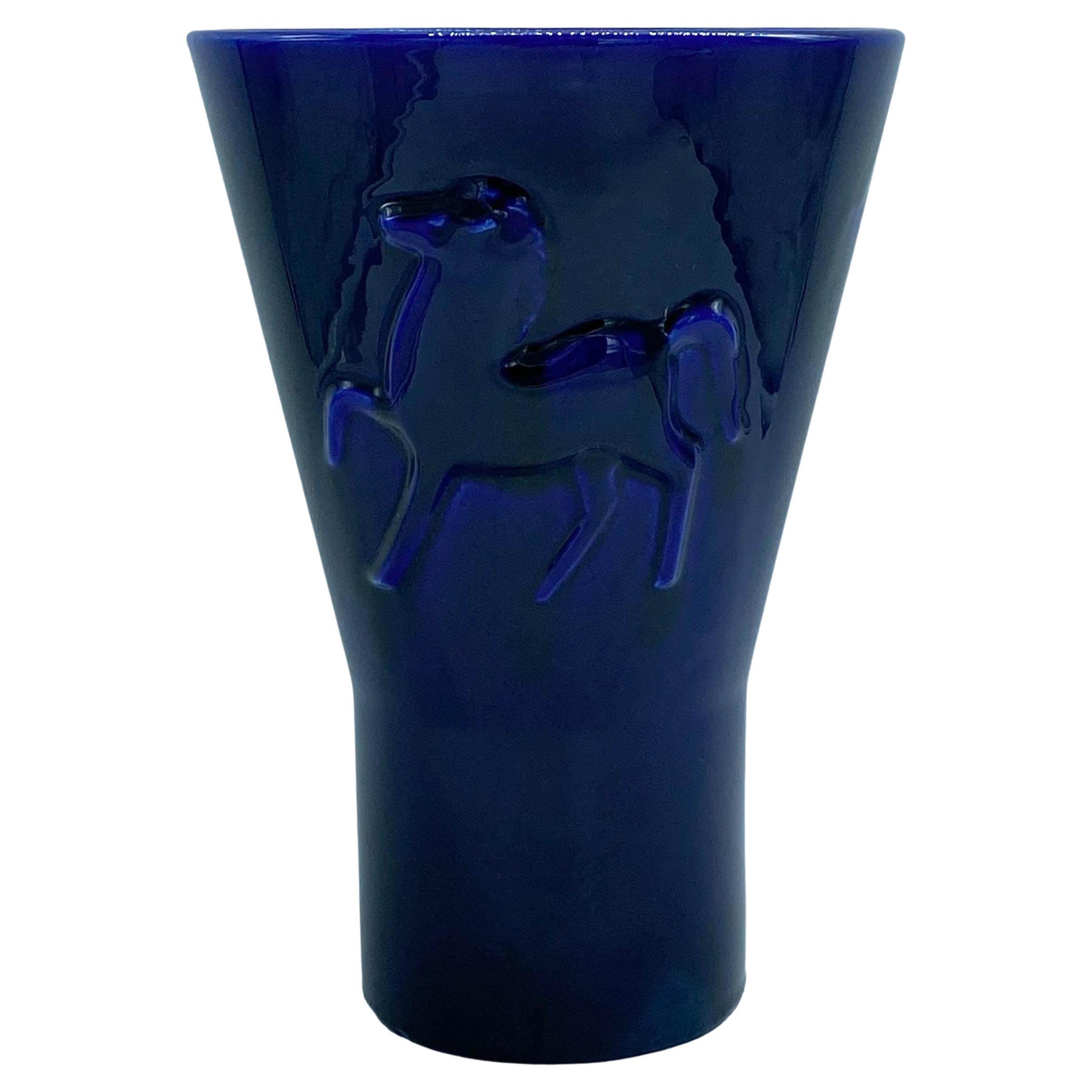 Angelo Biancini for Laveno Blue Ceramic Vase, Italy 1930s