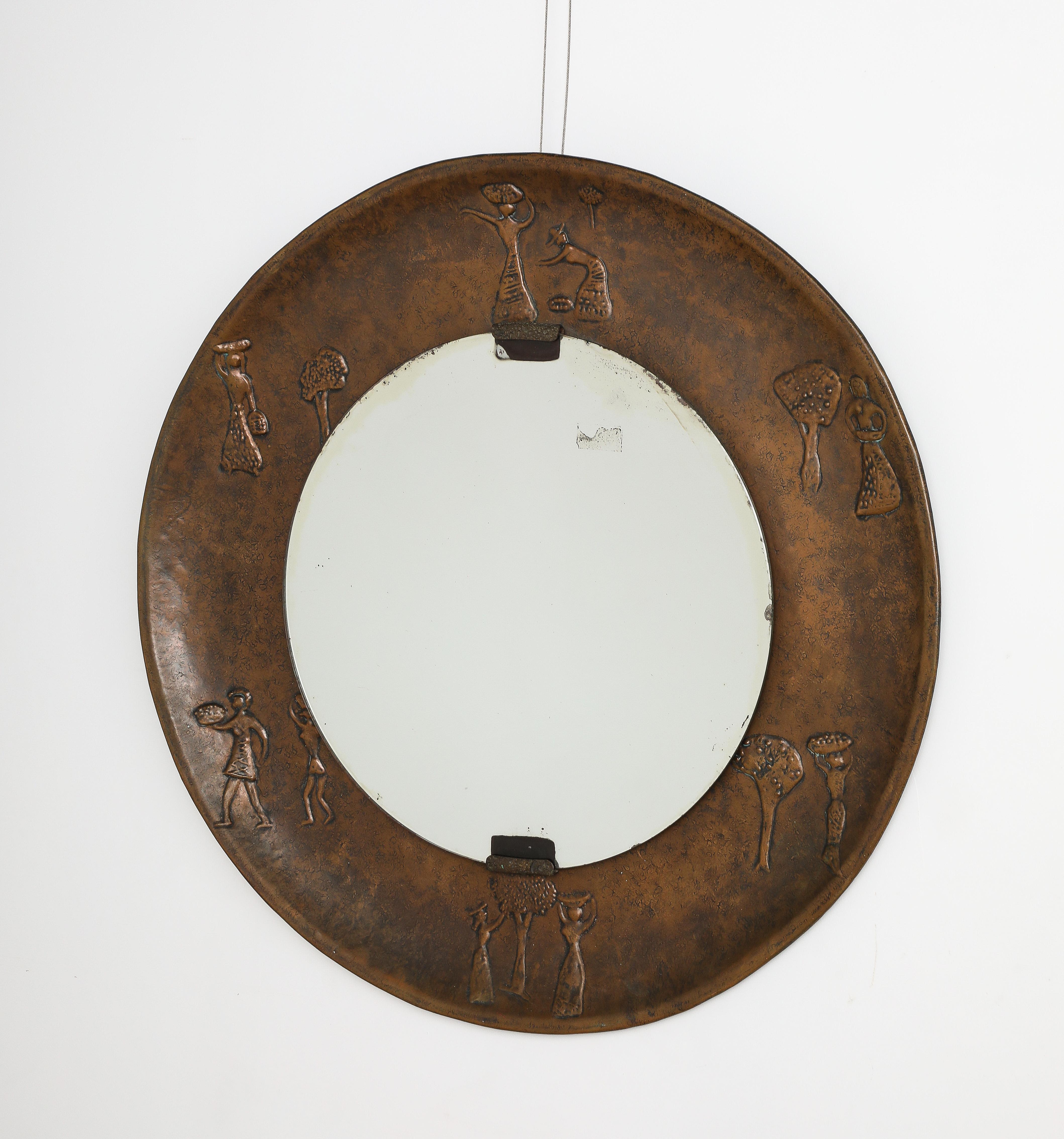 Angelo Bragalini Copper Wall Mirror with Etruscan Motif, Italy, circa 1960
A stunning copper embossed circular wide frame depicting Etruscan figures in relief.  The figures are seen depicting daily life of harvesting. The copper frame supports a